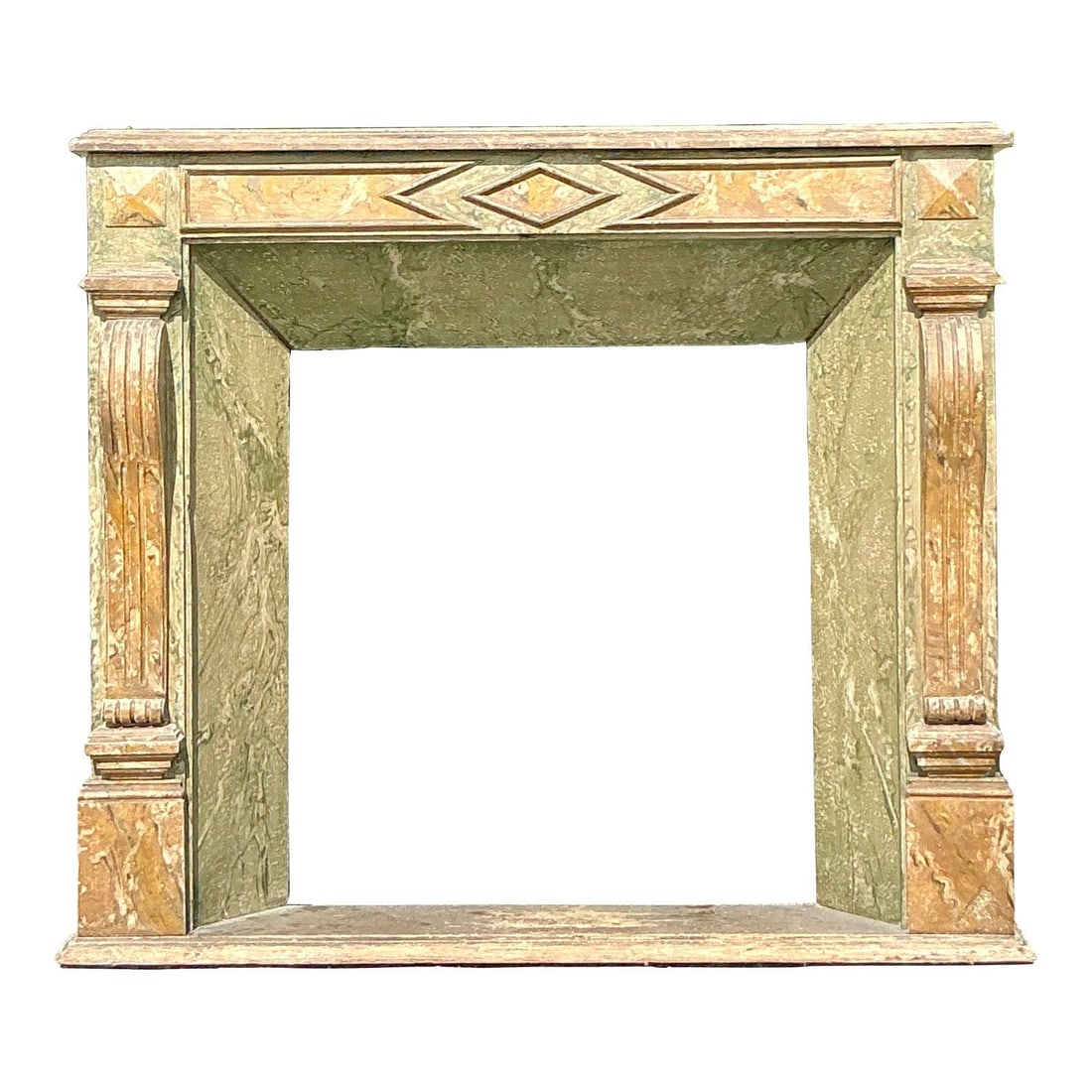 Vintage Regency Faux Marble Fireplace Surround Green Gold Finish: Vintage Regency Faux Marble Fireplace Surround Green Gold Finish Enhance your interior with this stunning vintage Regency-style fireplace surround, showcasing a striking faux marble finish in earthy g