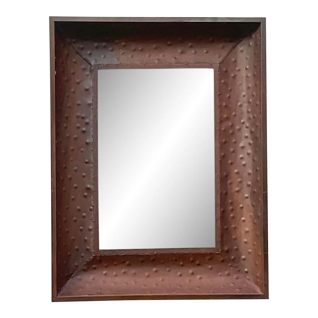 Vintage Boho Dimpled Metal Wall Mirror from Palm Beach Estate: Vintage Boho Dimpled Metal Wall Mirror from Palm Beach Estate This stunning vintage Boho wall mirror features a chic dimpled design set within a beautifully patinated metal frame. Acquired from a Palm