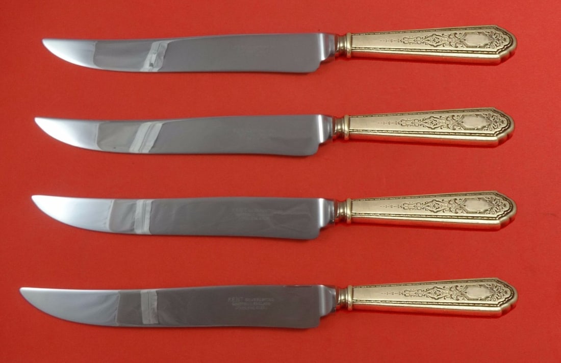Lunt Sterling Silver Mary II Steak Knife Set 4pc Texas Sized: Lunt Sterling Silver Mary II Steak Knife Set 4pc Texas Sized Enhance your dining experience with this impressive 4-piece steak knife set from the Mary II pattern by Lunt. Crafted from sterling silver