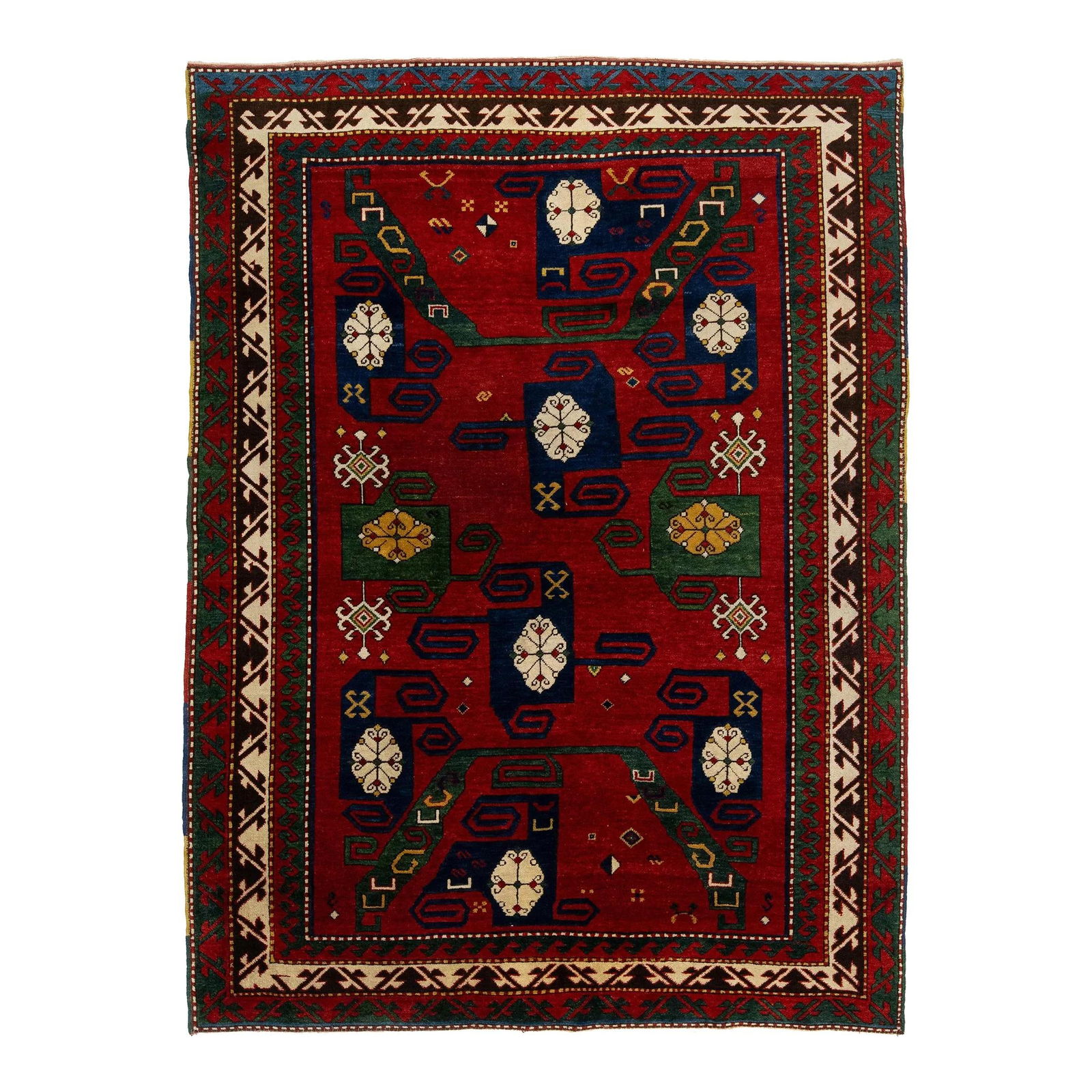 Handmade Vintage Kazak Wool Rug Red Geometric Design 5'10'' x 7'10'': Handmade Vintage Kazak Wool Rug Red Geometric Design 5'10'' x 7'10'' This exquisite vintage Caucasian Kazak rug is handmade from high-quality wool, showcasing a vibrant red background that is beautifu