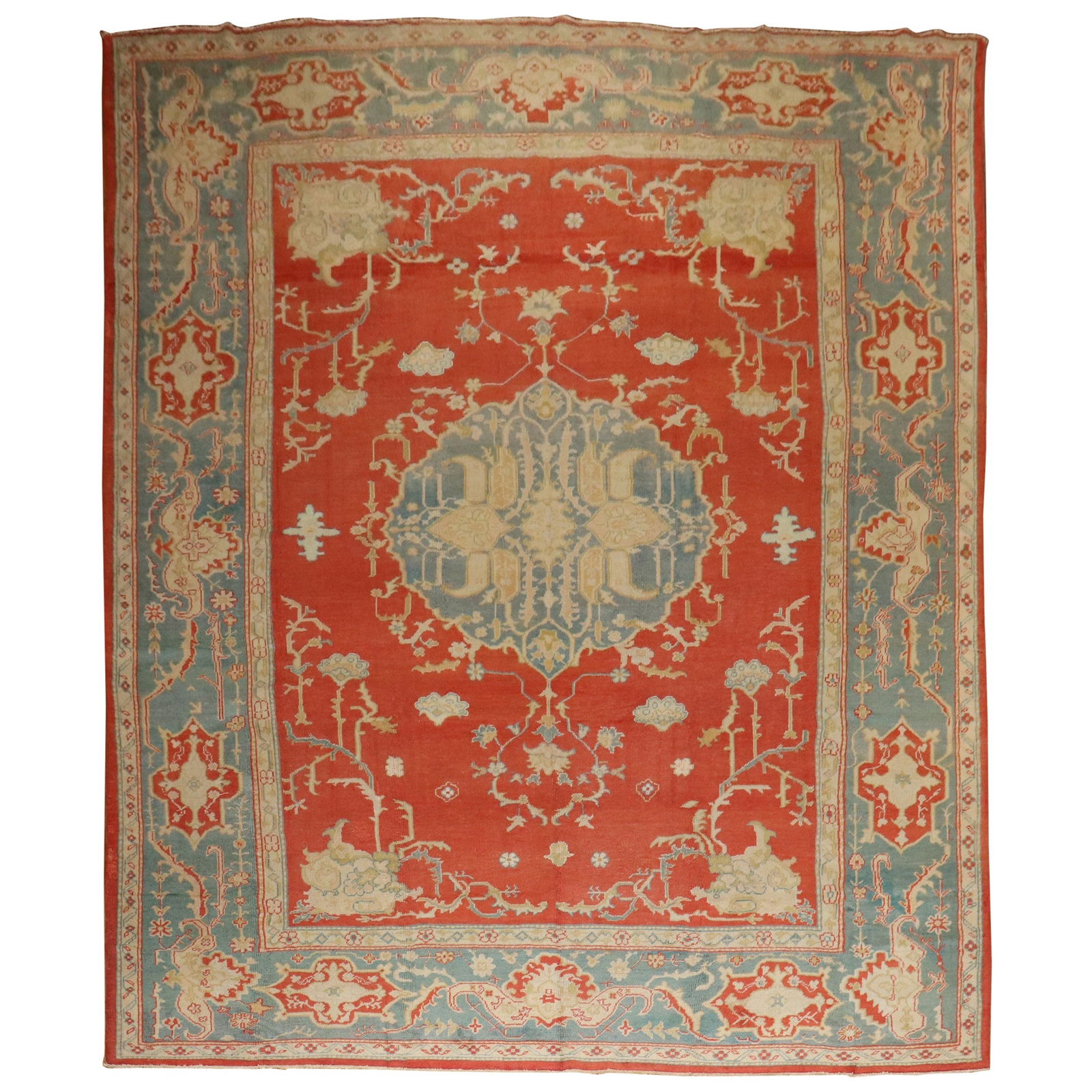 Zabihi Collection Antique Oushak Rug 9'11 x 13'5 Wool Hand-Woven Turkey: Zabihi Collection Antique Oushak Rug 9'11 x 13'5 Wool Hand-Woven Turkey Experience the elegance of this antique Oushak rug from the Zabihi Collection, expertly hand-woven from high-quality wool. This