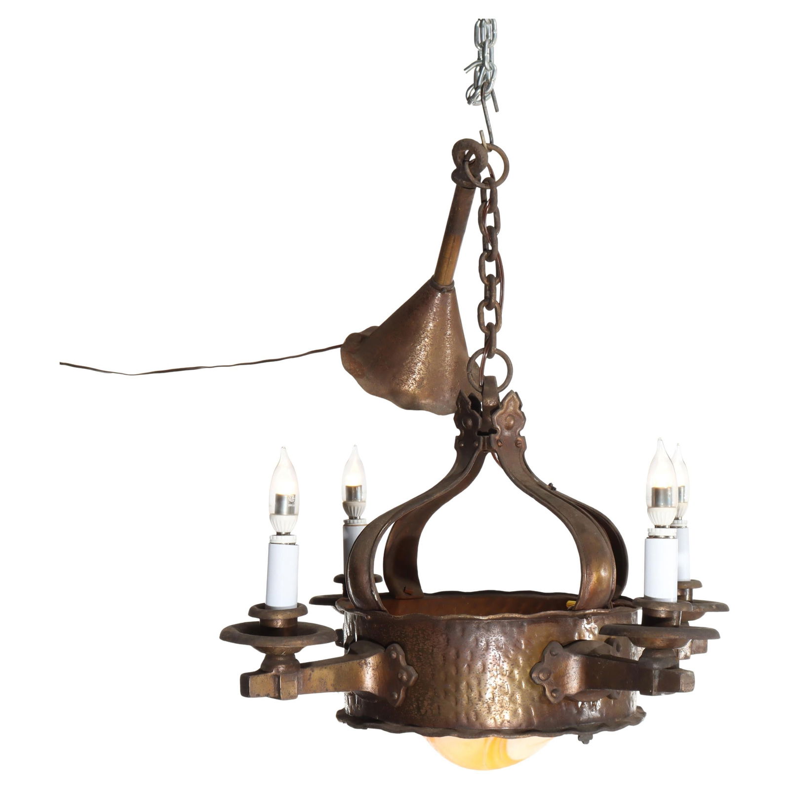 Arts and Crafts Antique Hammered Metal 4 Light Chandelier C1920 (1 of 9)