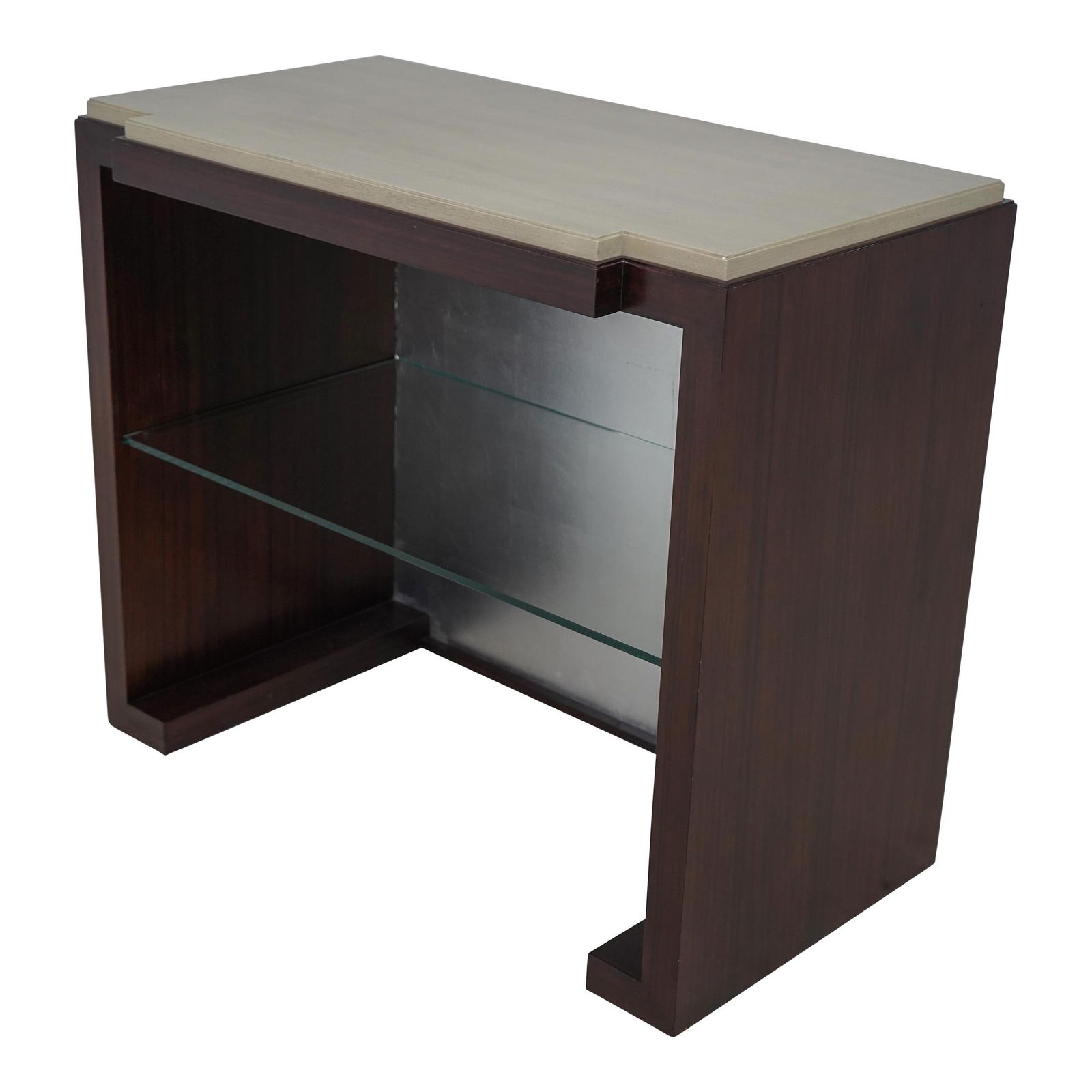 Modern Console Serving Bar Table with Silver Leaf and Glass Shelf: Modern Console Serving Bar Table with Silver Leaf and Glass Shelf This modern design console serving bar table is a stylish addition to any home. With a quality construction featuring a silver leaf ba