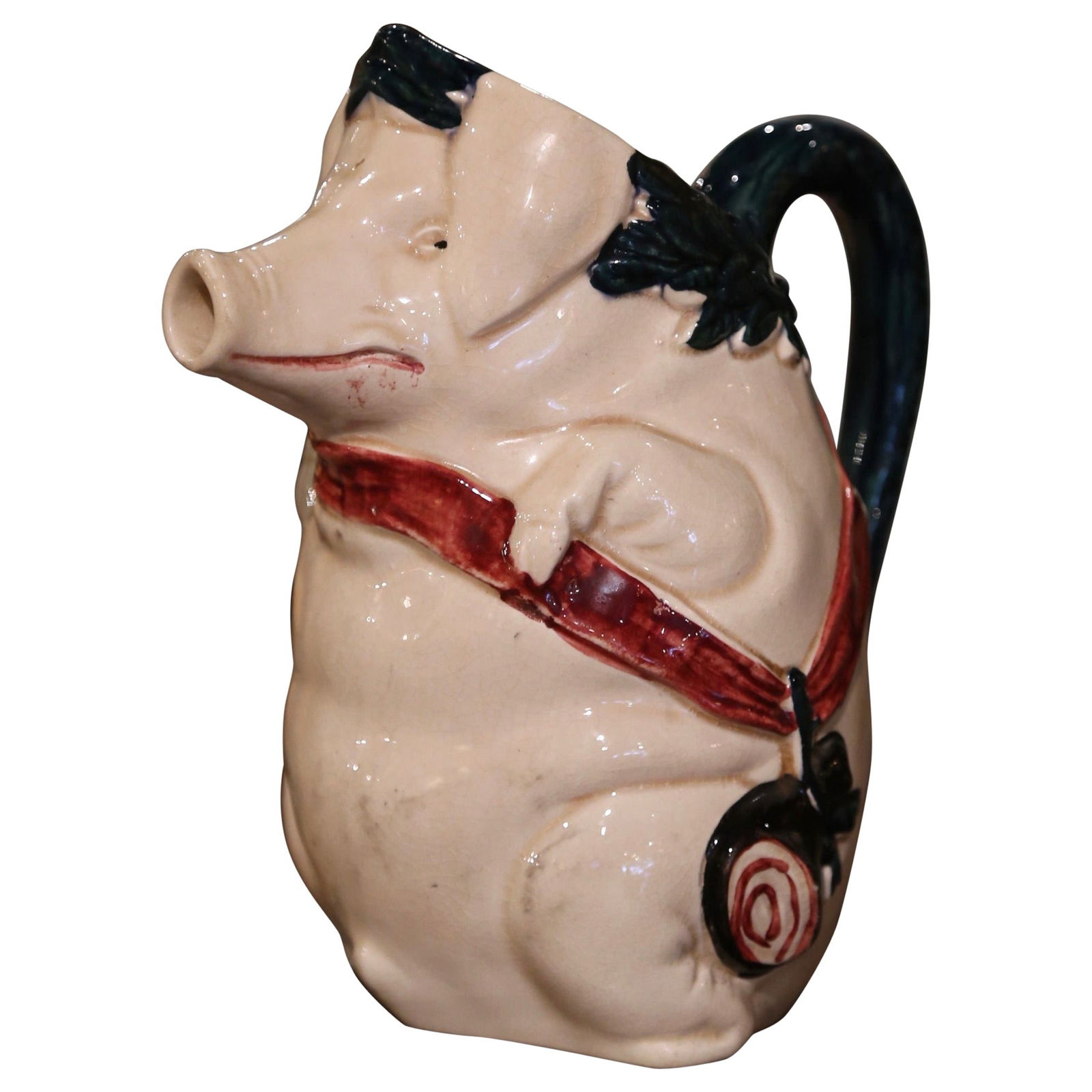 Early 20th Century Signed Orchies Ceramic Pig Pitcher: Early 20th Century Signed Orchies Ceramic Pig Pitcher This exquisite early 20th-century French barbotine pig pitcher, titled "Cochon au Jambon" (pig with ham), showcases skilled craftsmanship in ceram