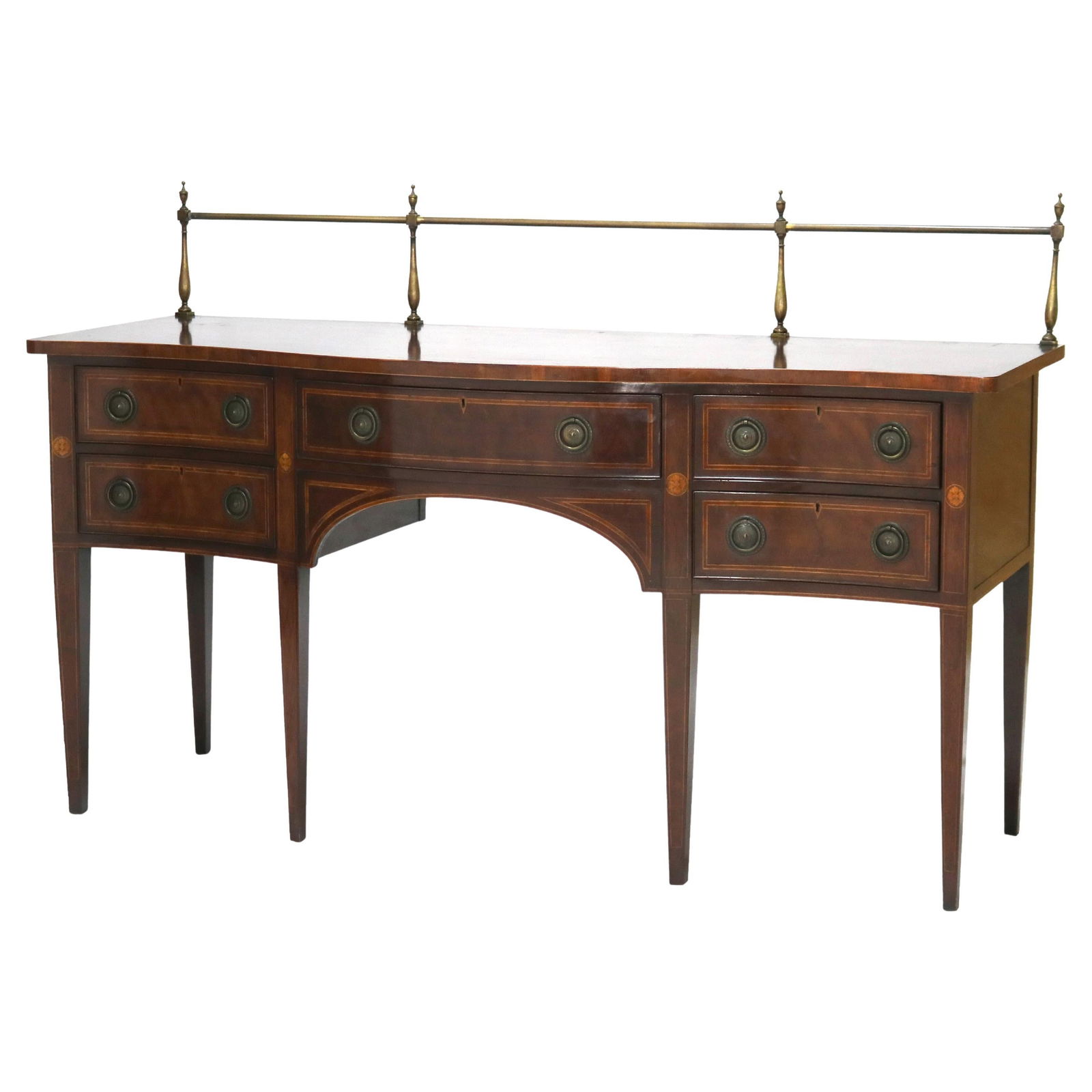 Baker Hepplewhite Style Mahogany Sideboard C1920 with Brass Rail: Baker Hepplewhite Style Mahogany Sideboard C1920 with Brass Rail This exquisite Antique Baker Hepplewhite Style Mahogany Sideboard showcases the artistry of early 20th-century craftsmanship. Construct