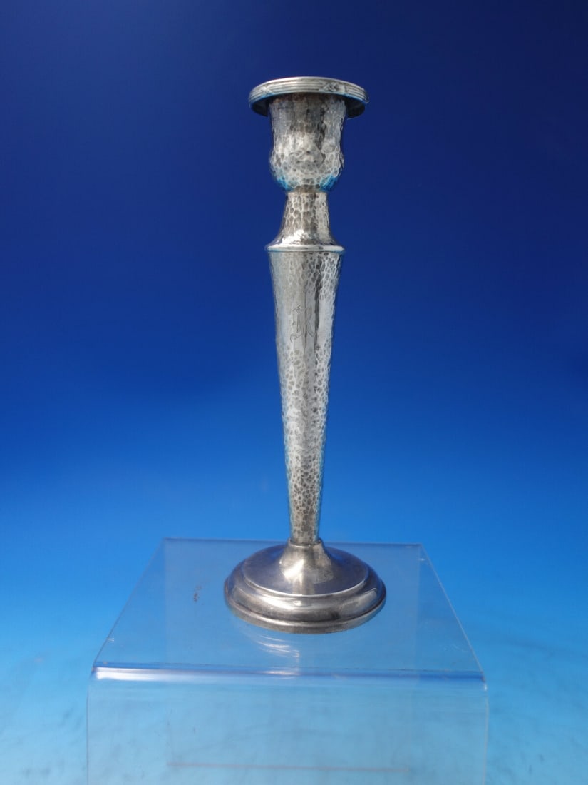 T.R. & Co. Arts & Crafts 900 Silver Candlestick Monogram R 7.5": T.R. & Co. Arts & Crafts 900 Silver Candlestick Monogram R 7.5" This exquisite candlestick showcases the distinctive Arts & Crafts/Mission style, crafted from hand-hammered 900 silver. Measuring 7 1/2