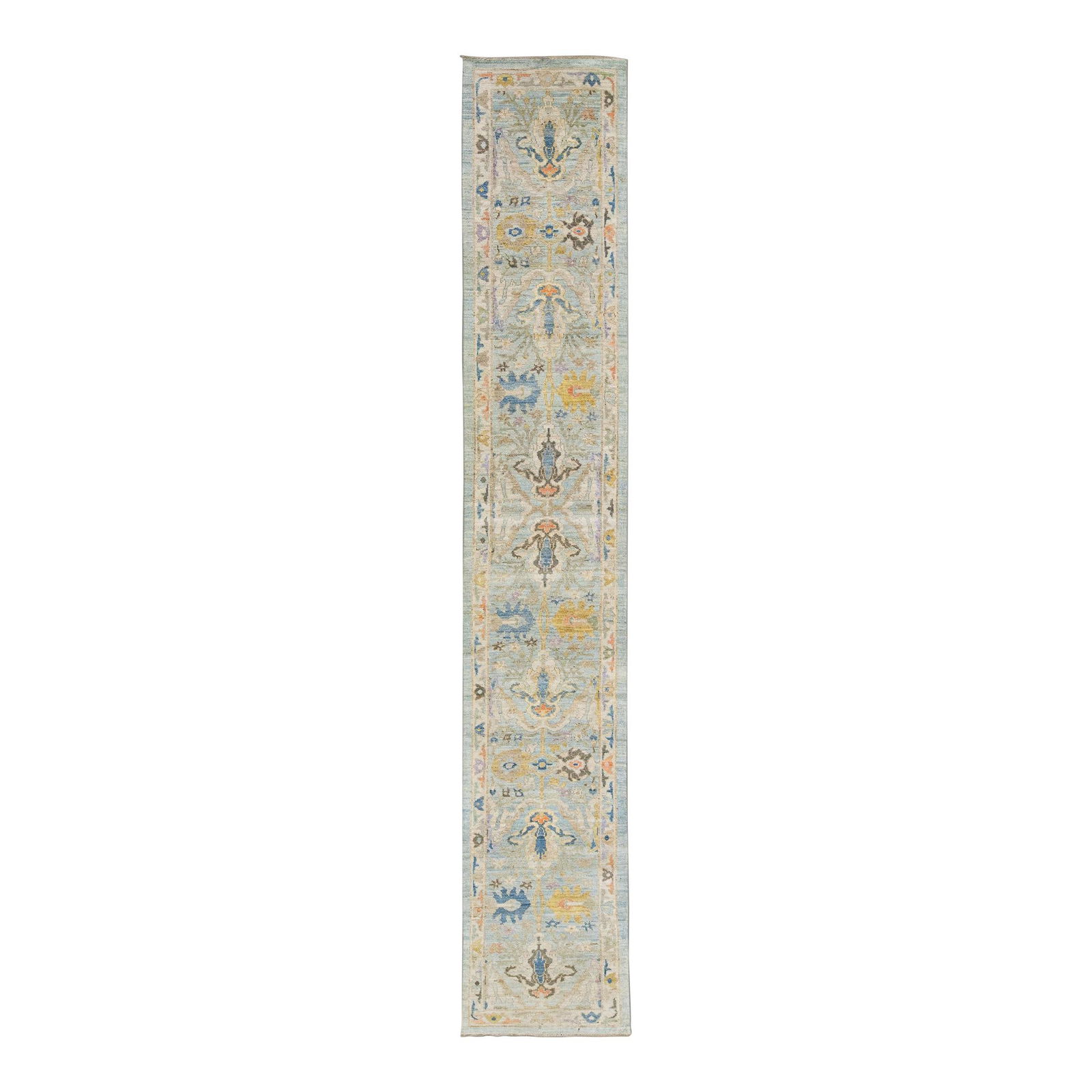 Modern Mahal Floral Wool Runner 2'9 x 16 Hand-Knotted Blue: Modern Mahal Floral Wool Runner 2'9 x 16 Hand-Knotted Blue This exquisite modern Mahal hand-knotted wool runner showcases a stunning light blue field adorned with vibrant multicolor accents in a capti