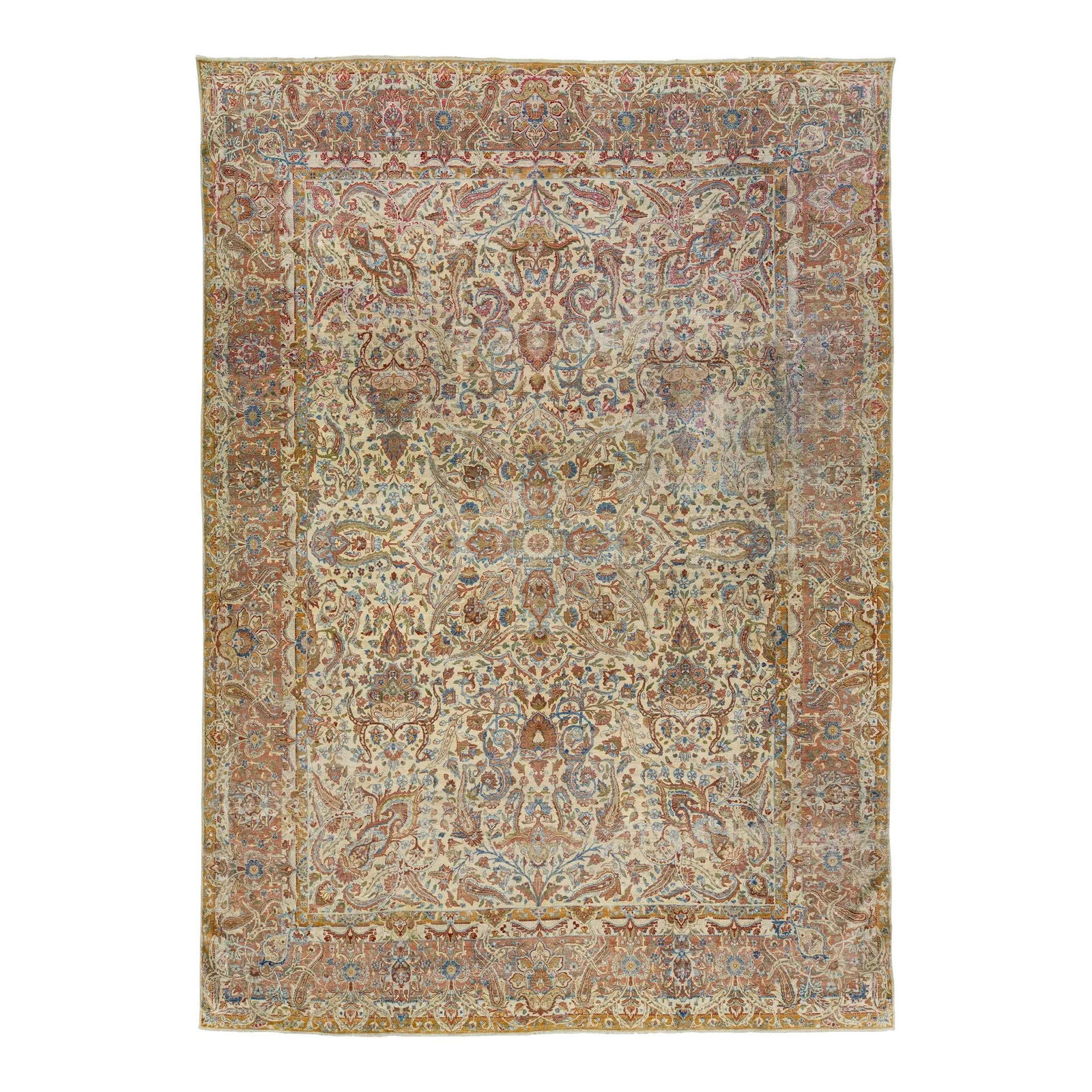 Antique Persian Kerman Handmade Wool Rug 8'8 x 12'4 Floral Design: Antique Persian Kerman Handmade Wool Rug 8'8 x 12'4 Floral Design Introducing a stunning antique Kerman handmade wool rug, showcasing exquisite Persian craftsmanship. This hand-knotted rug features a