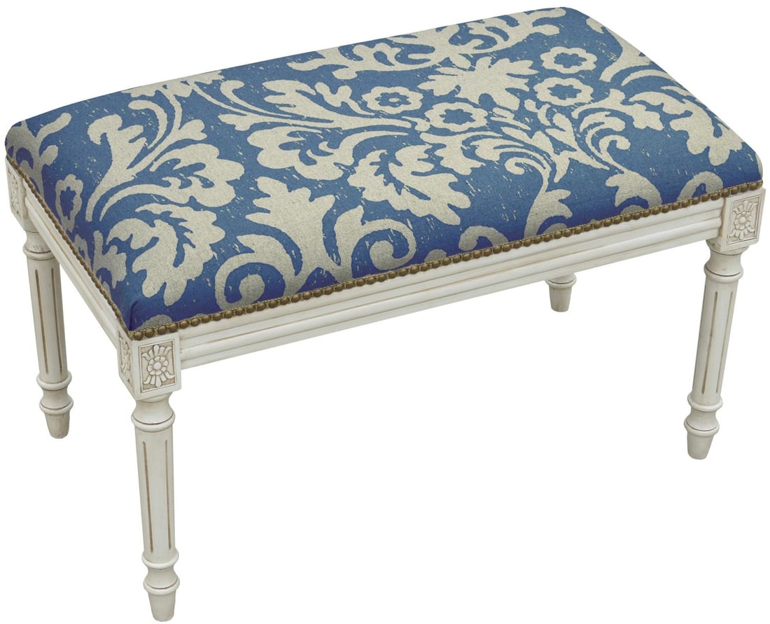 Backless Navy Jacobean Bench with Brass Nailheads: Backless Navy Jacobean Bench with Brass Nailheads This elegant traditional navy Jacobean bench combines vintage charm with modern craftsmanship. Featuring a backless design, it is upholstered in high-
