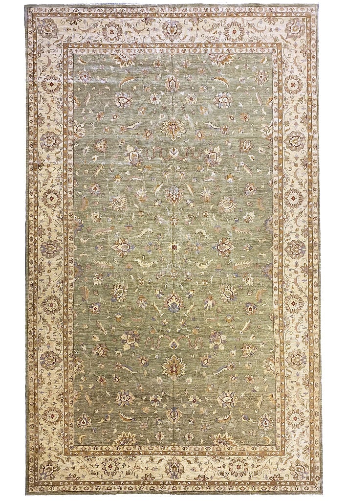 13'2 x 22'2 Zigler Chobi Peshawar Rug Handmade Wool Green Motifs: 13'2 x 22'2 Zigler Chobi Peshawar Rug Handmade Wool Green Motifs Free continental US Shipping Introducing the stunning 13' x 22' Zigler Chobi Peshawar Rug, a beautiful blend of traditional craftsmansh