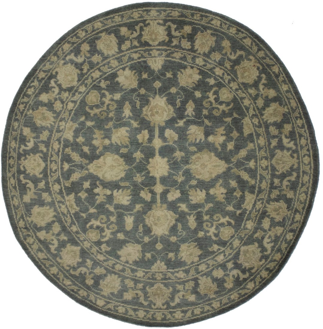 Hand-Knotted Wool Round Rug Floral Transitional Design 7'9 x 7'11 India: Hand-Knotted Wool Round Rug Floral Transitional Design 7'9 x 7'11 India This round handmade Oriental rug features a transitional floral design in muted tones of dark slate, cream, and beige. Hand-knot