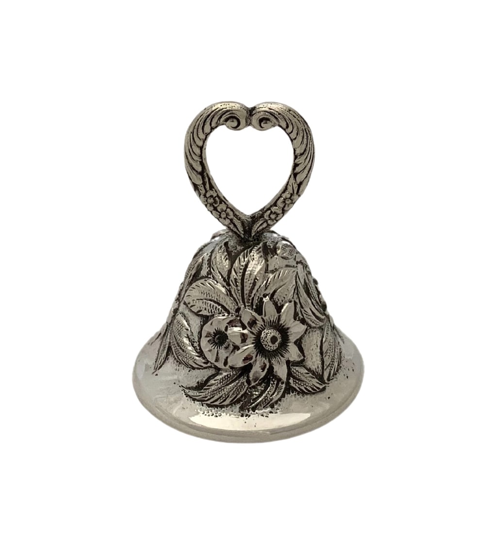 S Kirk & Son 925 Sterling Silver Floral Repousse Small Hand Bell: S Kirk & Son 925 Sterling Silver Floral Repousse Small Hand Bell Discover the elegance of this antique S. Kirk & Son 925 sterling silver small hand bell. This exquisite piece showcases intricate handm