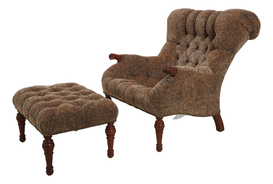 Tufted Leopold Chair with Ottoman Upholstered and Cherry Legs: Tufted Leopold Chair with Ottoman Upholstered and Cherry Legs This Stickley tufted upholstered Leopold chair with ottoman features carved knuckle arms, high-quality construction, and elegant tufted up