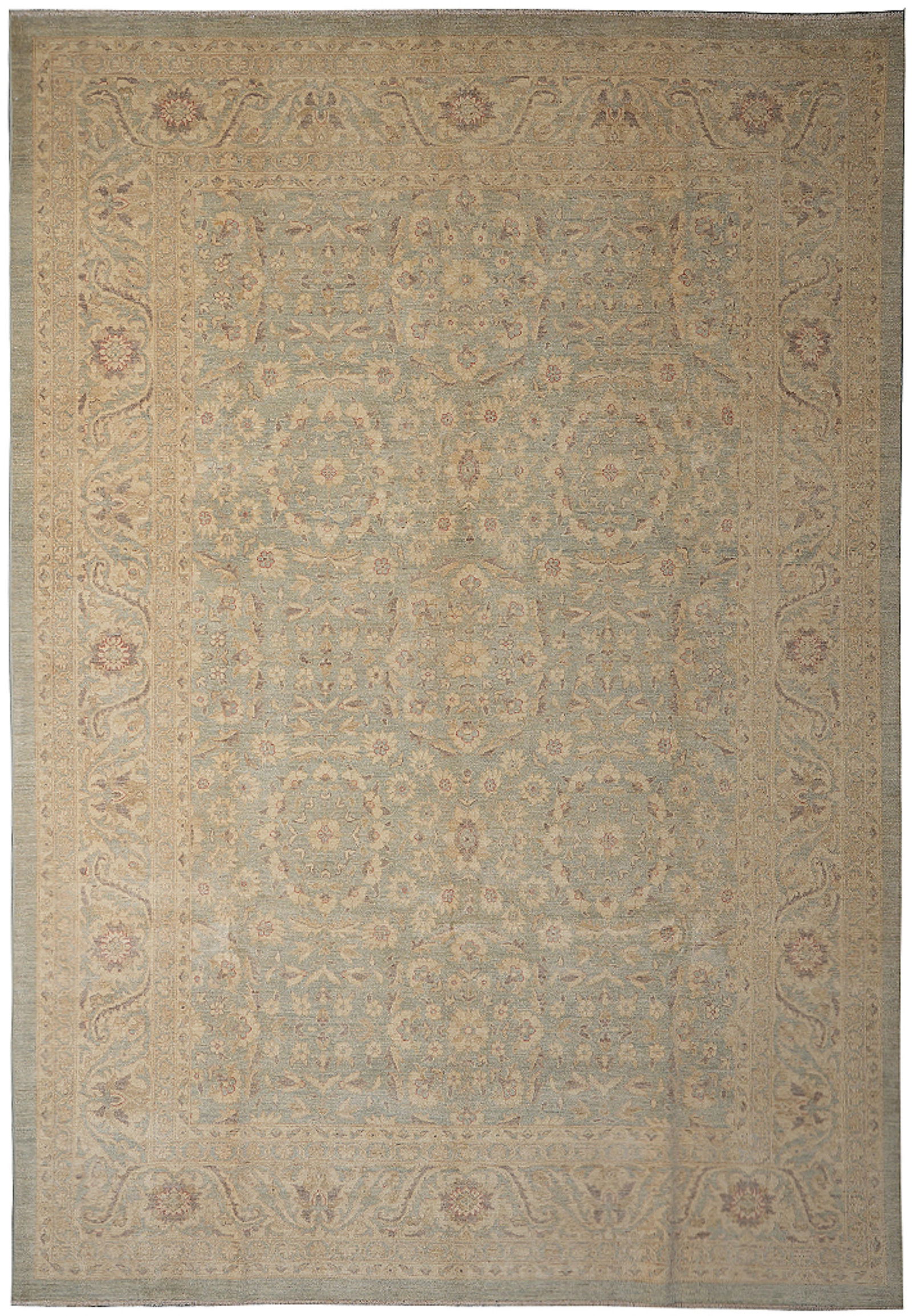 Handmade Peshawar Rug 105 x 140 in Neutral Pastel Wool Zigler Pattern: Handmade Peshawar Rug 105 x 140 in Neutral Pastel Wool Zigler Pattern Free continental US Shipping This handmade Peshawar area rug features a neutral pastel palette with dusty teal blue, faded beige,