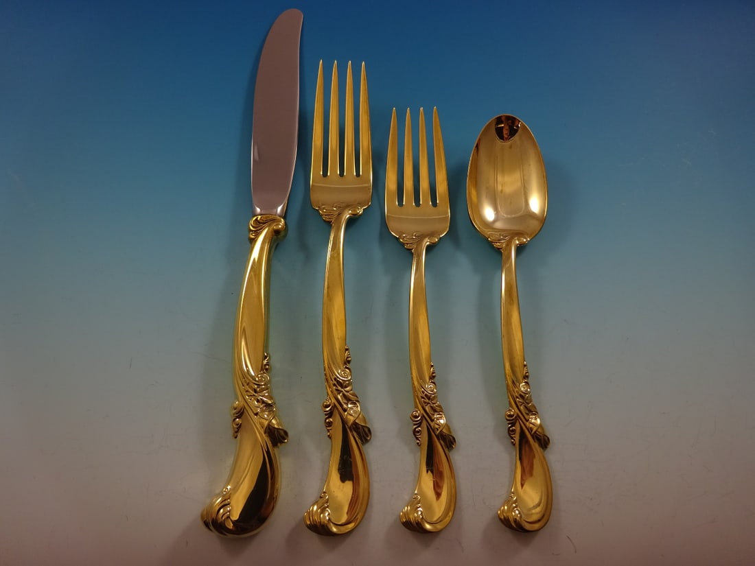Waltz of Spring Gold by Wallace 48-Piece Sterling Silver Flatware Set with Storage Chest: Waltz of Spring Gold by Wallace 48-Piece Sterling Silver Flatware Set with Storage Chest Elevate your dining experience with the exquisite Waltz of Spring Gold flatware service set by Wallace. Crafted