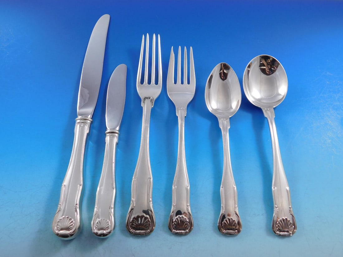 Kirk Stieff King Sterling Silver Flatware Set 76 Pieces Shell Motif: Kirk Stieff King Sterling Silver Flatware Set 76 Pieces Shell Motif Enhance your dining experience with this exquisite 76-piece flatware set from Kirk Stieff, featuring the elegant King pattern. Craft