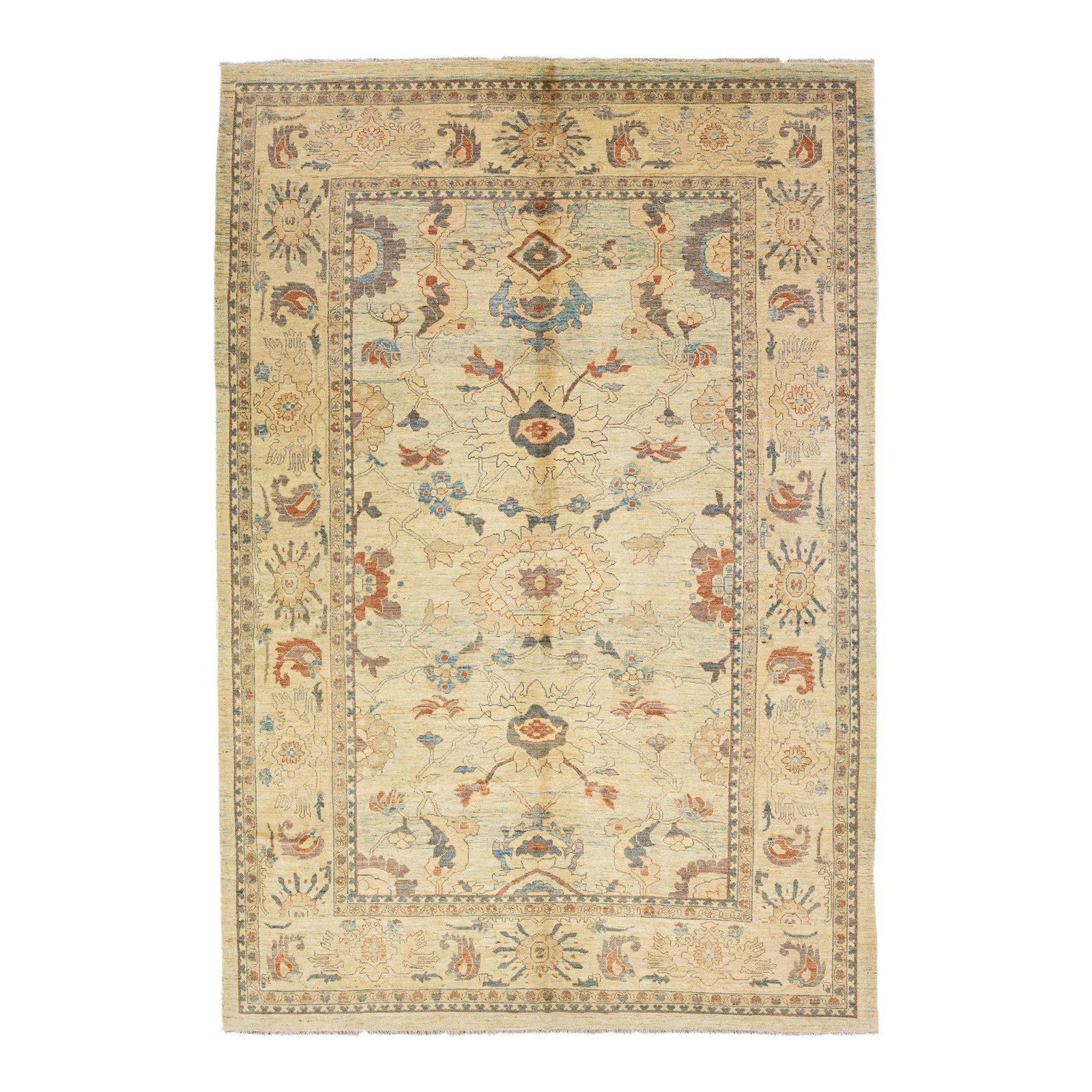 Tan Modern Sultanabad Floral Wool Rug 10' x 14'7: Tan Modern Sultanabad Floral Wool Rug 10' x 14'7 Enhance your living space with this stunning modern Sultanabad hand-knotted wool rug. Featuring a warm beige field adorned with an all-over classic flo