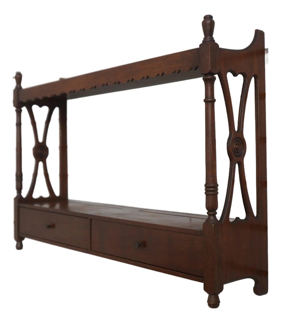 Vintage 1940s Mahogany 2 Tier Etagere Wall Shelf: Vintage 1940s Mahogany 2 Tier Etagere Wall Shelf This vintage mahogany 2-tier hanging wall shelf etagere, crafted around the 1940s, showcases exquisite fine carved details and high-quality constructio