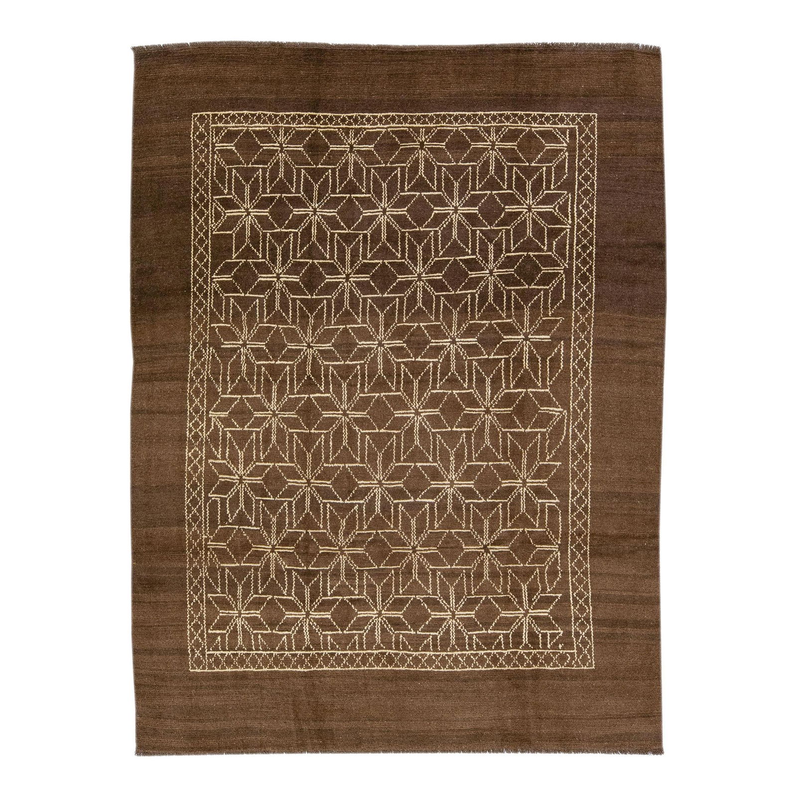 Handmade Brown Moroccan Wool Rug 7'2 x 9'6 Geometric Design: Handmade Brown Moroccan Wool Rug 7'2 x 9'6 Geometric Design Enhance your living space with this stunning Moroccan-style handmade wool rug from our Northwest collection. Featuring a rich brown color fi