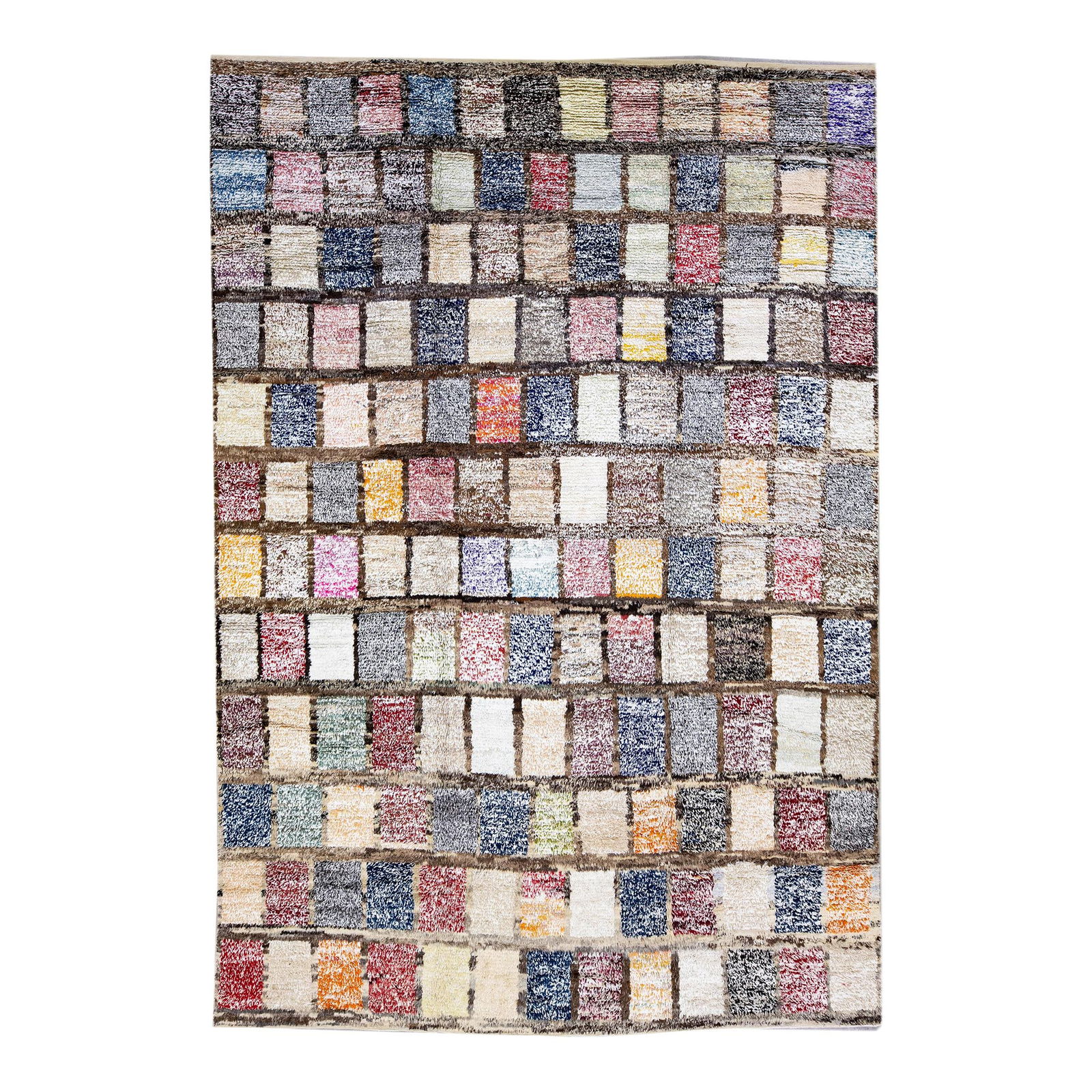 Turkish Tulu Handmade Wool Rug Modern Multicolor Square Design 10'3 x 15'1: Turkish Tulu Handmade Wool Rug Modern Multicolor Square Design 10'3 x 15'1 Experience the elegance of this Turkish Tulu handmade wool rug, featuring a rich brown field and vibrant multicolor accents.