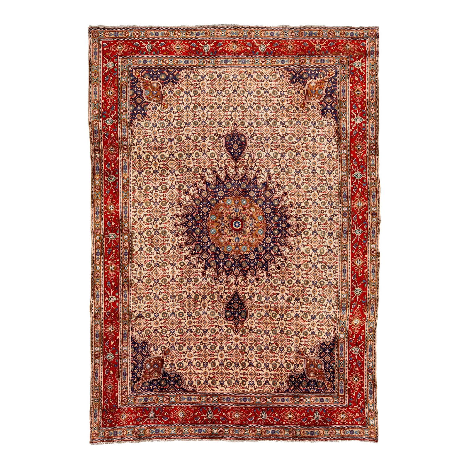 1960s Persian Mashad Handmade Beige Wool Rug 6'7 x 9'5 Rosette Motif: 1960s Persian Mashad Handmade Beige Wool Rug 6'7 x 9'5 Rosette Motif Discover the elegance of a 1960s Persian Mashad handmade rug. This exquisite piece features a warm beige field complemented by mult