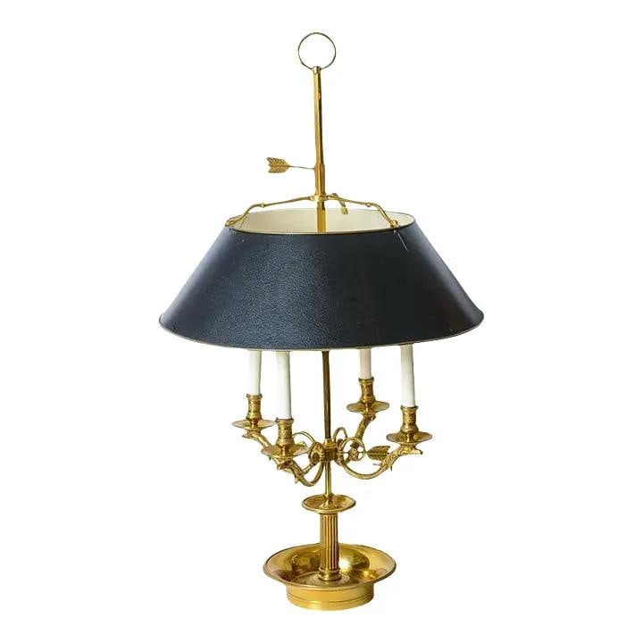 1940s French Bouillotte Lamp Dore Bronze Black Tole 4 Lights: 1940s French Bouillotte Lamp Dore Bronze Black Tole 4 Lights This exquisite Bouillotte Table Lamp from France, dating back to the 1940s, features a stunning combination of Dore Bronze and Black Tole.