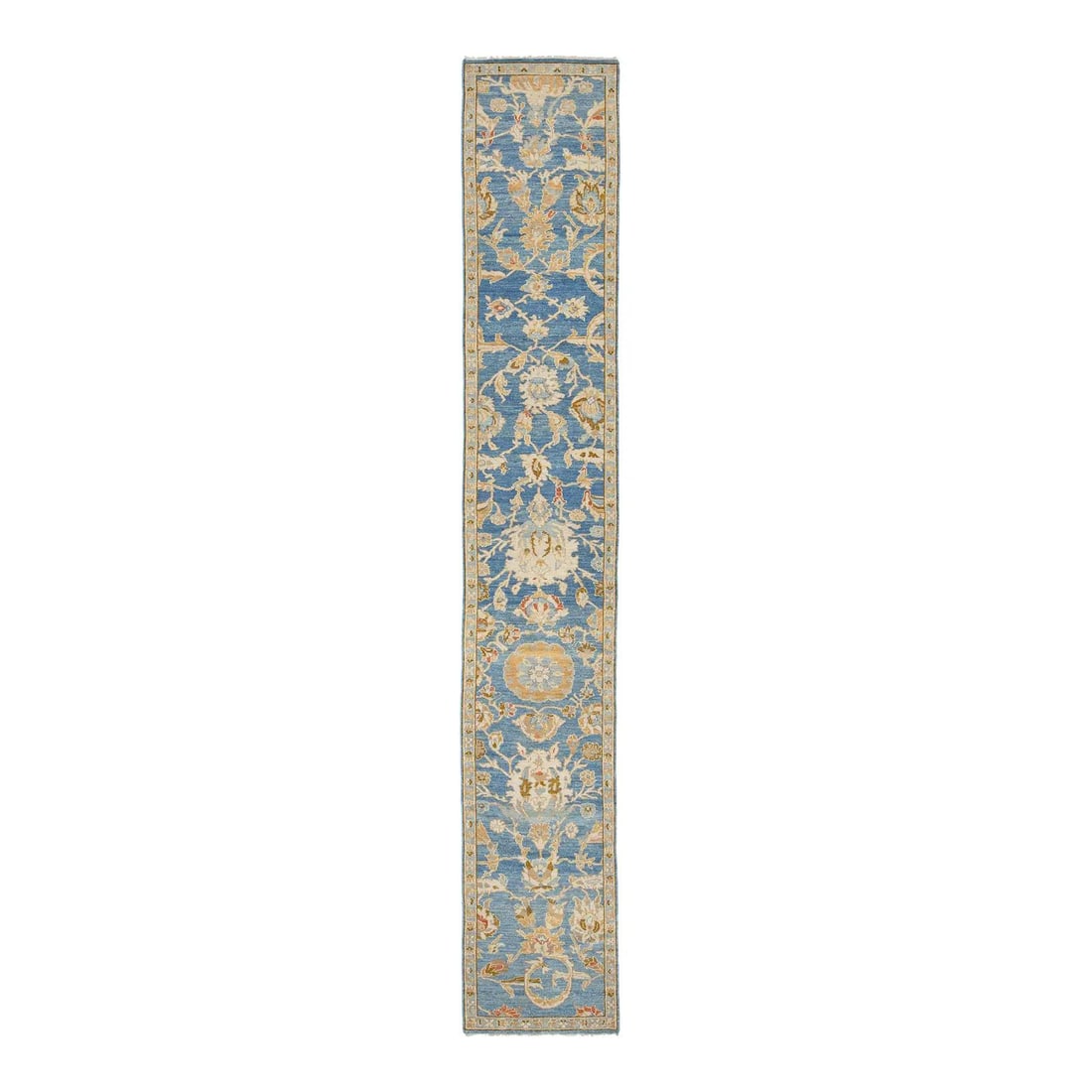 Handmade 3' X 16' Modern Sultanabad Blue Floral Wool Runner: Handmade 3' X 16' Modern Sultanabad Blue Floral Wool Runner Enhance your space with this exquisite modern Sultanabad wool runner, featuring a captivating blue field. This hand-knotted rug boasts an in