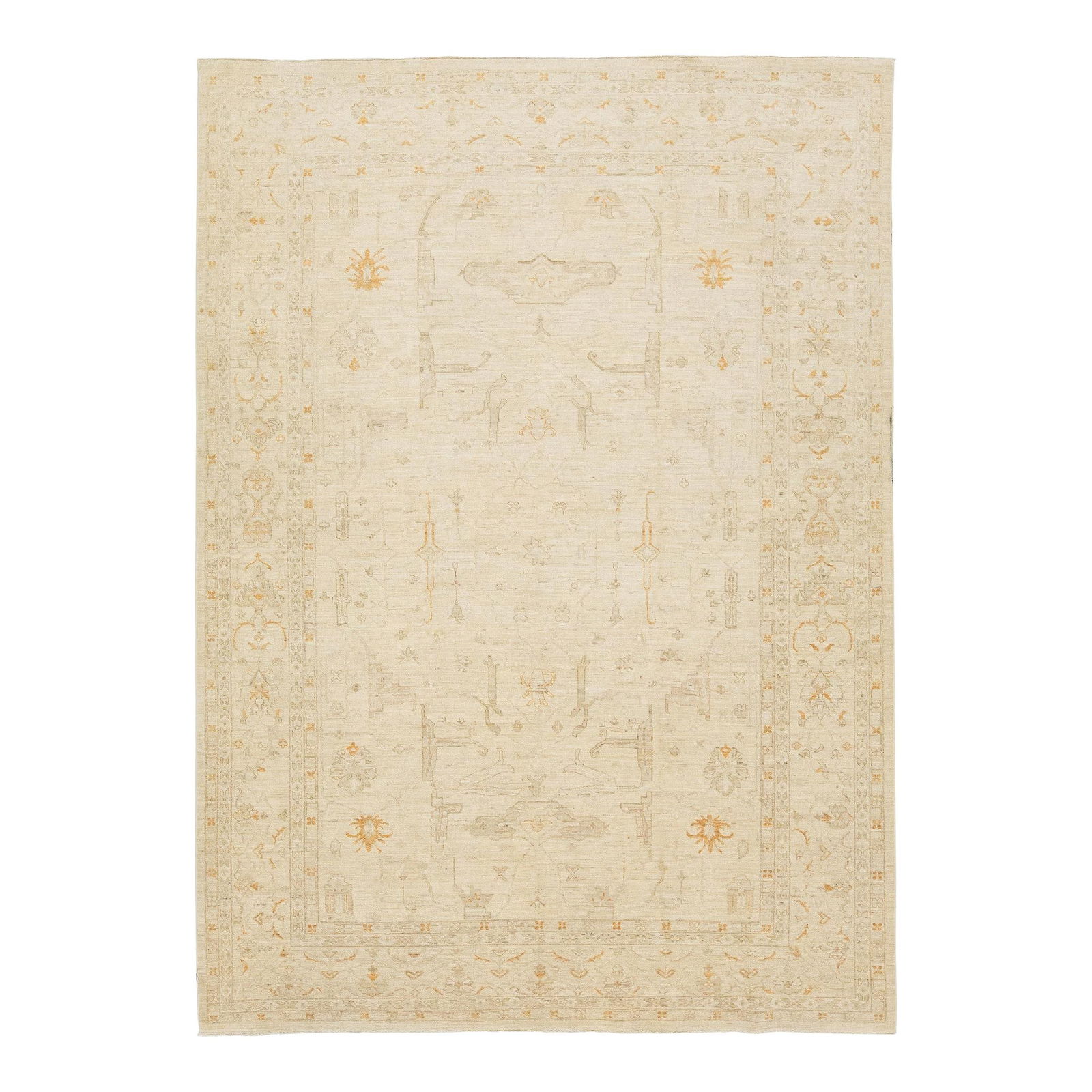 Modern Handmade Peshawar Beige Wool Rug with Classic Motif 6'9 x 9'5: Modern Handmade Peshawar Beige Wool Rug with Classic Motif 6'9 x 9'5 Enhance your living space with this exquisite Peshawar handmade wool rug, featuring a stylish beige field adorned with tan and brow
