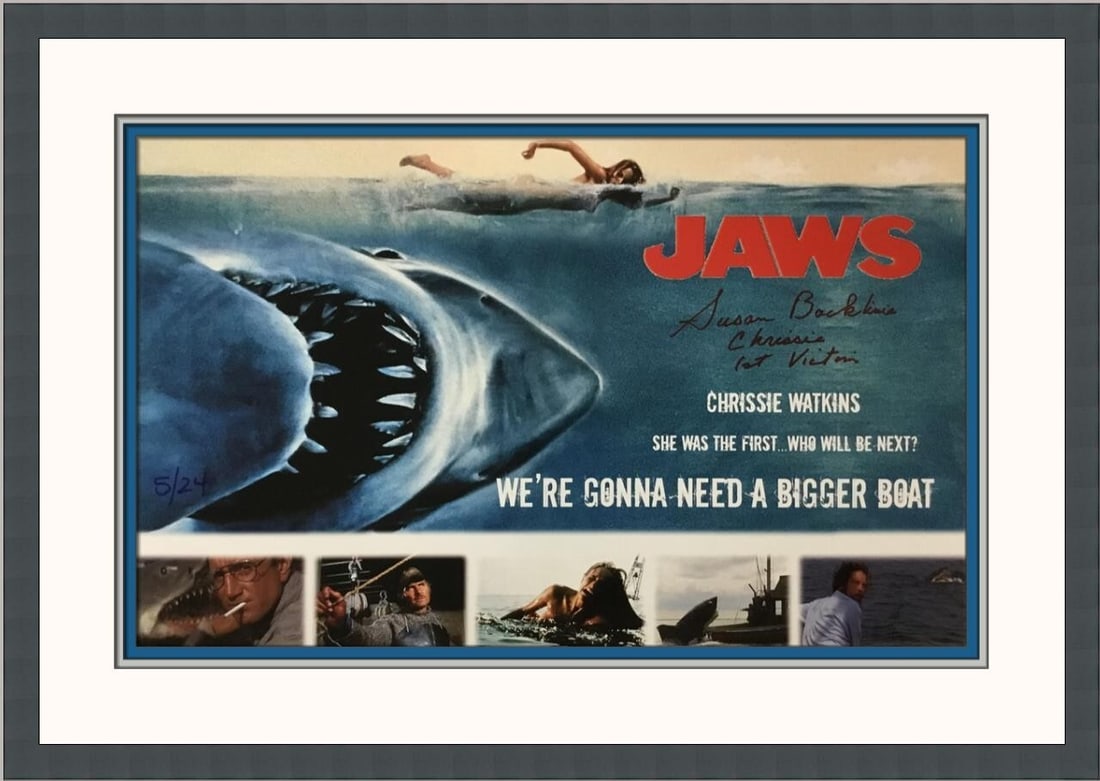 Susan Backlinie Autographed Jaws Photo Limited Edition 16x23 Custom Frame: Susan Backlinie Autographed Jaws Photo Limited Edition 16x23 Custom Frame This stunning autographed photograph features Susan Backlinie, known for her role as Chrissie, the first victim in the classic