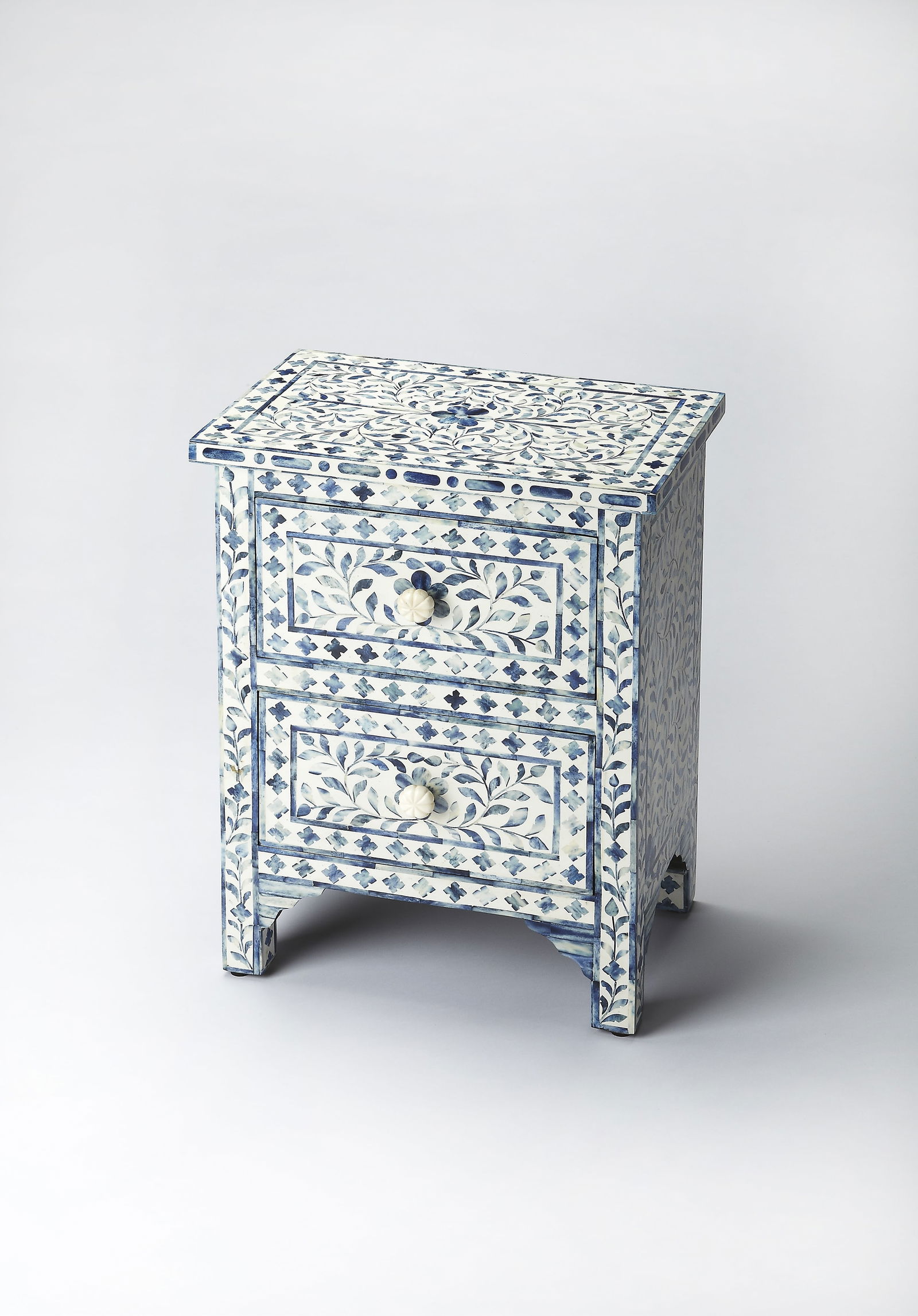 Butler Blue Bone Inlay Artisan Chest with 2 Drawers: Butler Blue Bone Inlay Artisan Chest with 2 Drawers This unique artisan chest features exquisite blue bone inlay craftsmanship, making it a stunning addition to any room. With two spacious drawers, it