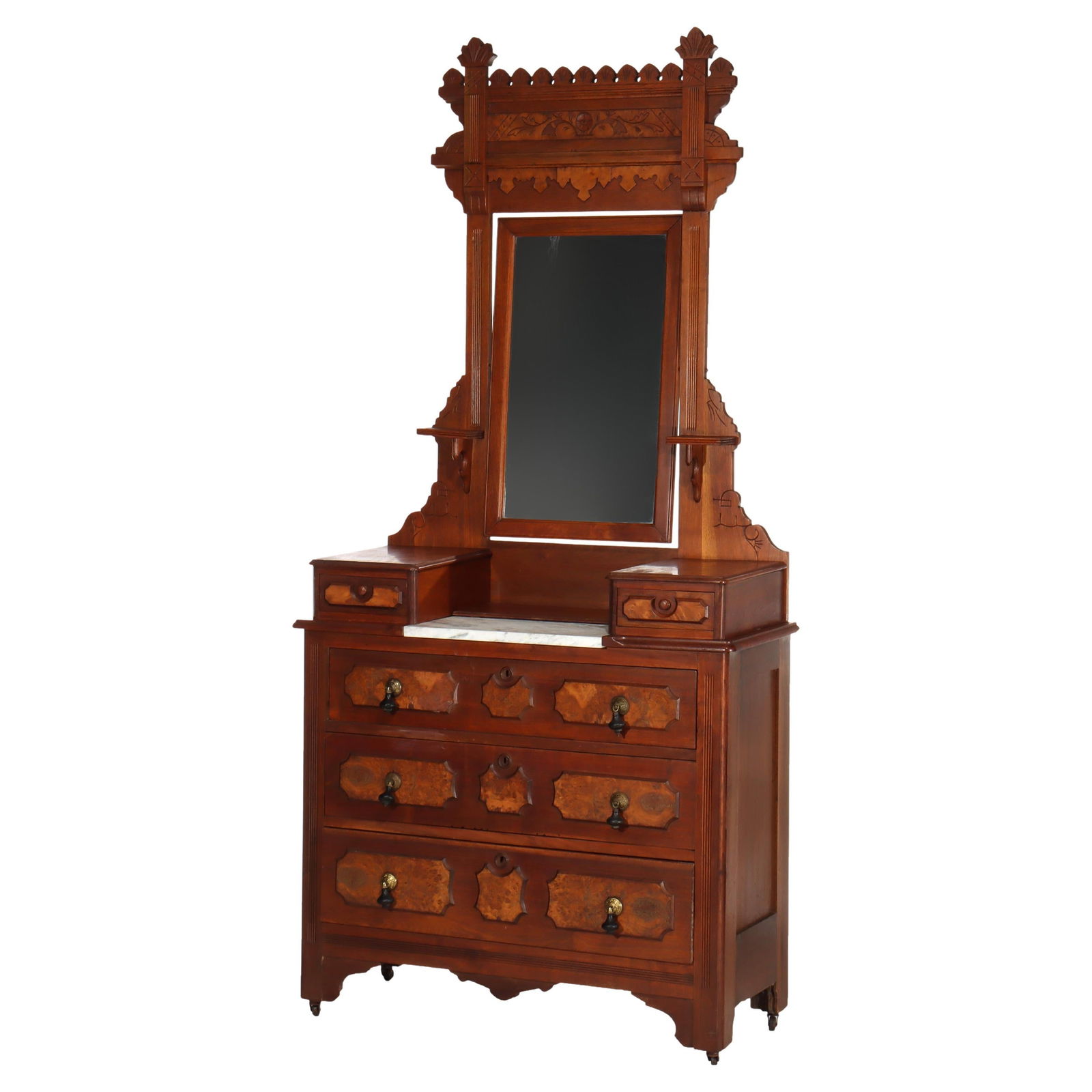 Renaissance Revival Walnut Dresser with Marble Top and Mirror c1890: Renaissance Revival Walnut Dresser with Marble Top and Mirror c1890 This exquisite antique Renaissance Revival dresser, dating back to circa 1890, showcases the timeless beauty of walnut and burl wood