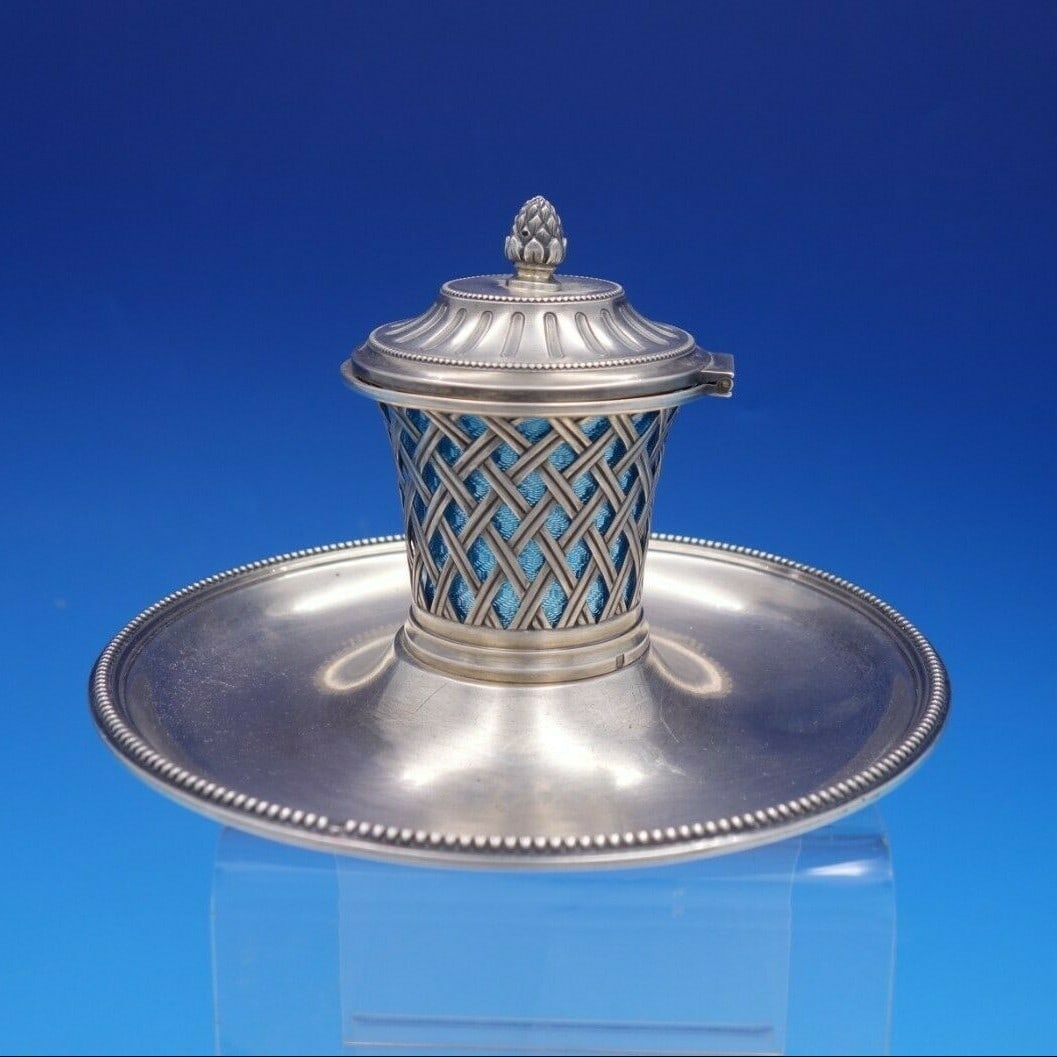 Antique French Silver Inkwell with Guilloche Enamel and Hinged Lid: Antique French Silver Inkwell with Guilloche Enamel and Hinged Lid This exquisite French silver inkwell showcases a stunning guilloche enamel insert and a convenient hinged lid. Measuring 4 inches in