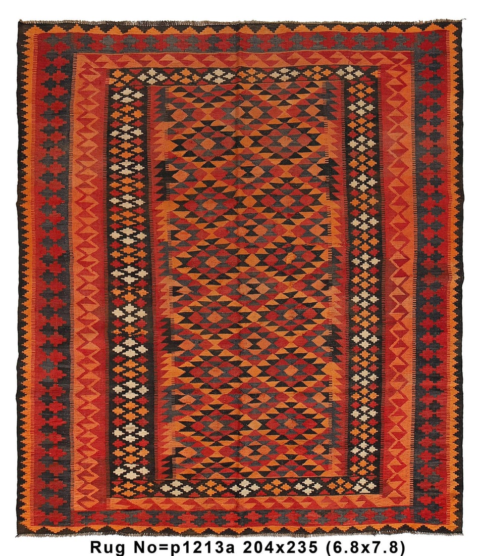6.8' x 7.8' Handwoven Semi-Antique Kilim Rug Wool Autumn Colors: 6.8' x 7.8' Handwoven Semi-Antique Kilim Rug Wool Autumn Colors Free continental US Shipping Introducing a stunning Semi-Antique Kilim Rug, measuring 6.8 x 7.8 feet, crafted to bring the essence of au