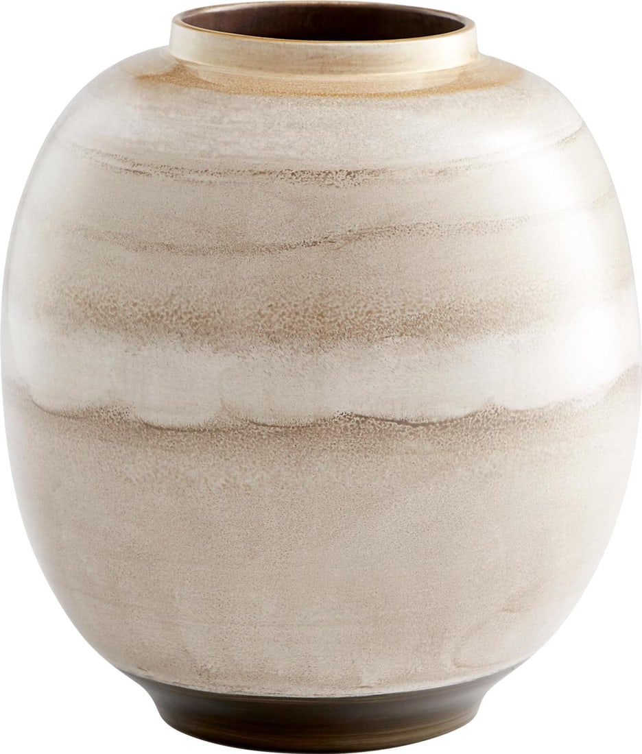 Cyan Kasha Artisanal Cream Bronze Porcelain Vase 11.75H: Cyan Kasha Artisanal Cream Bronze Porcelain Vase 11.75H This artisanal vase features a stunning cream white glossy glaze with mocha accents, making it a perfect centerpiece for any decor. Crafted from
