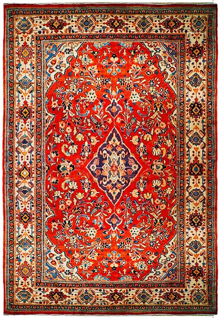 9' x 12.9' Tomato Red Handcrafted Persian Sarouk Mahal Rug: 9' x 12.9' Tomato Red Handcrafted Persian Sarouk Mahal Rug Free continental US Shipping Enhance your living space with the exquisite 9 x 12.9 Tomato Red Semi Antique Persian Sarouk Mahal Rug. Handcraf