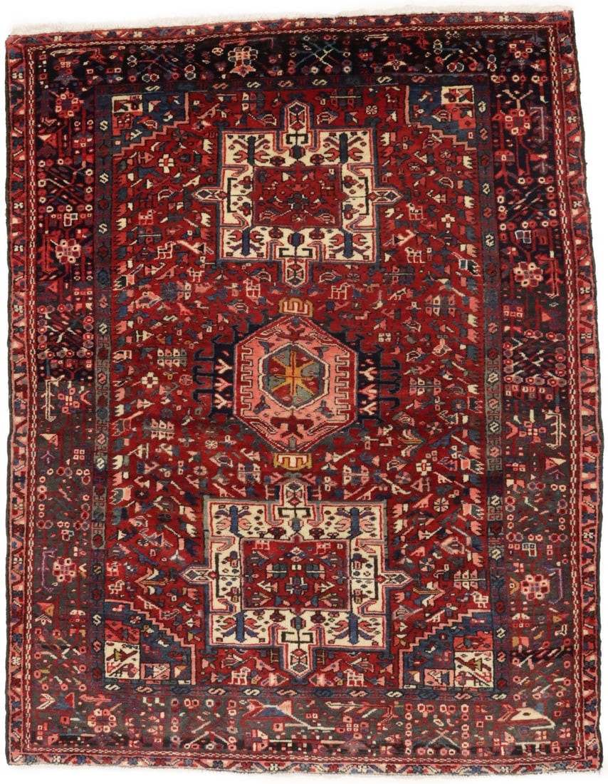 Vintage Semi-Antique Karajeh Tribal Wool Rug 5x6 ft Handmade Red Design: Vintage Semi-Antique Karajeh Tribal Wool Rug 5x6 ft Handmade Red Design Enhance your living space with this Semi-Antique Karajeh Oriental Rug, featuring a striking red tribal design that adds warmth a