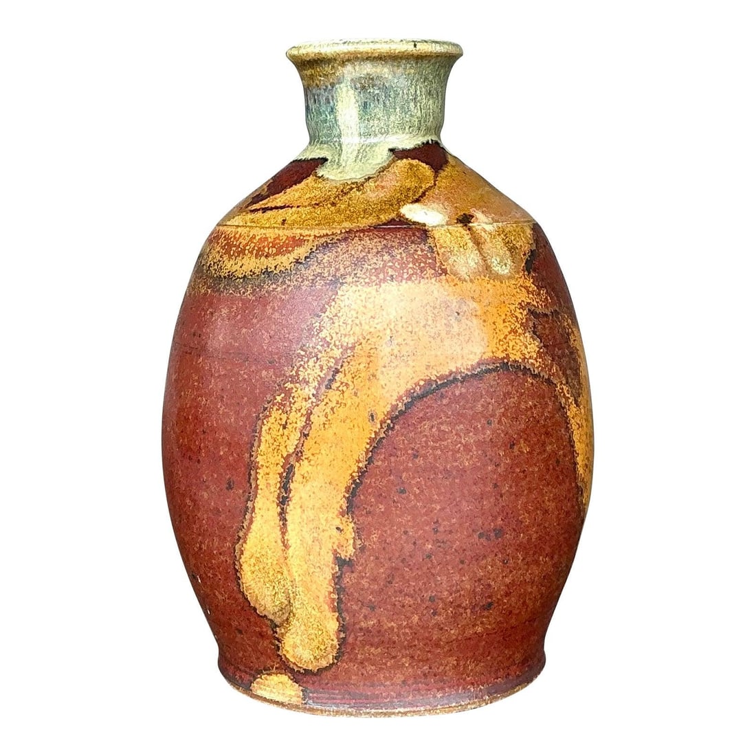 Unique Vintage Boho Studio Pottery Vase in Earthy Tones: Unique Vintage Boho Studio Pottery Vase in Earthy Tones Enhance your living space with this unique vintage studio pottery vase, showcasing a rich blend of earthy tones such as rust, ochre, and mossy g