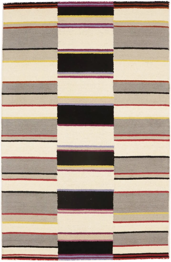 5x8 Wool Area Rug with Multicolored Stripes Hand-Tufted Modern Design: 5x8 Wool Area Rug with Multicolored Stripes Hand-Tufted Modern Design This hand-tufted area rug features a vibrant multicolored striped pattern, ideal for modern studio or office decor. Made from wool