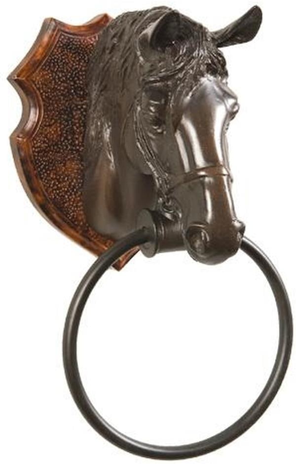 Hand-Painted Equestrian Horse Towel Holder Lodge Style: Hand-Painted Equestrian Horse Towel Holder Lodge Style Introducing a unique hand-painted towel holder featuring a charming horse head design, perfect for adding a touch of equestrian style to your bat