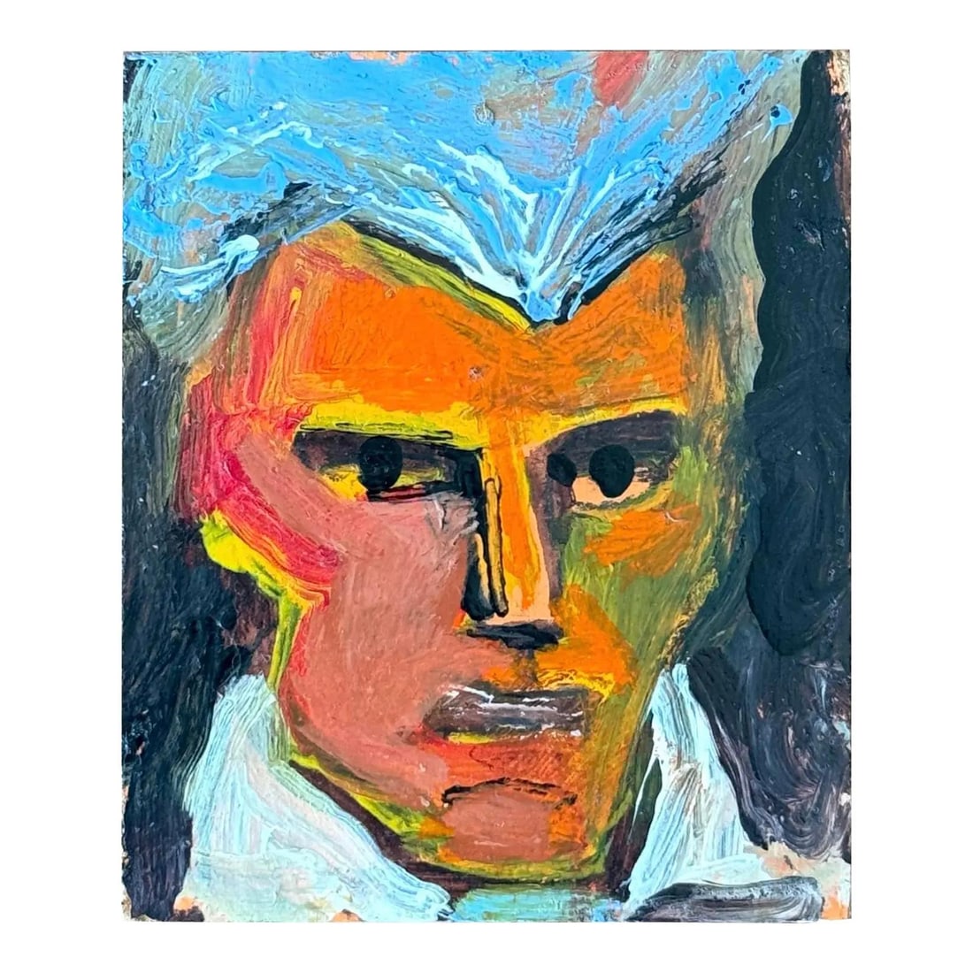 Expressive Abstract Miniature Portrait Painting on Masonite Board: Expressive Abstract Miniature Portrait Painting on Masonite Board This vintage boho abstract portrait is a petite painting created on canvas and masonite board. The artwork features a boldly colored,