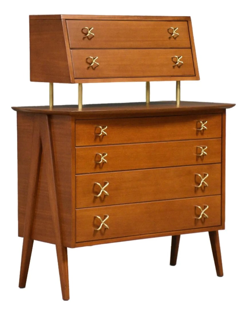 1960s Mid Century Modern Mahogany Tall Dresser with Brass Pulls: 1960s Mid Century Modern Mahogany Tall Dresser with Brass Pulls This exquisite mid-century modern tall dresser showcases a beautifully refinished mahogany structure complemented by polished brass pull
