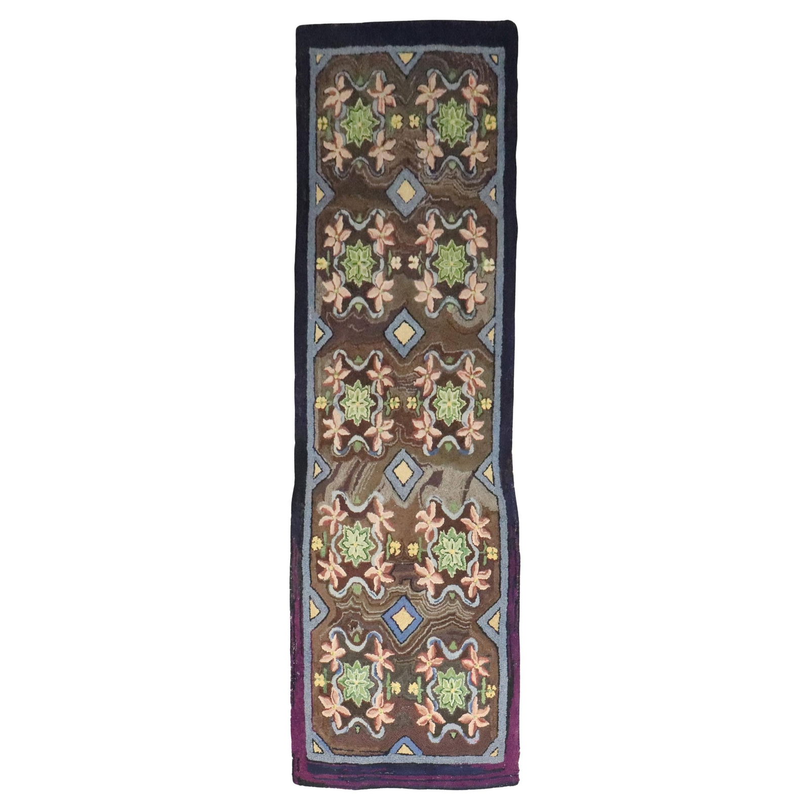 Mid-20th Century American Floral Country Hooked Jute Runner Rug 39 x 127 in: Mid-20th Century American Floral Country Hooked Jute Runner Rug 39 x 127 in This mid-20th century American hooked runner features a floral motif and is crafted in a country style. The piece is hand-kn
