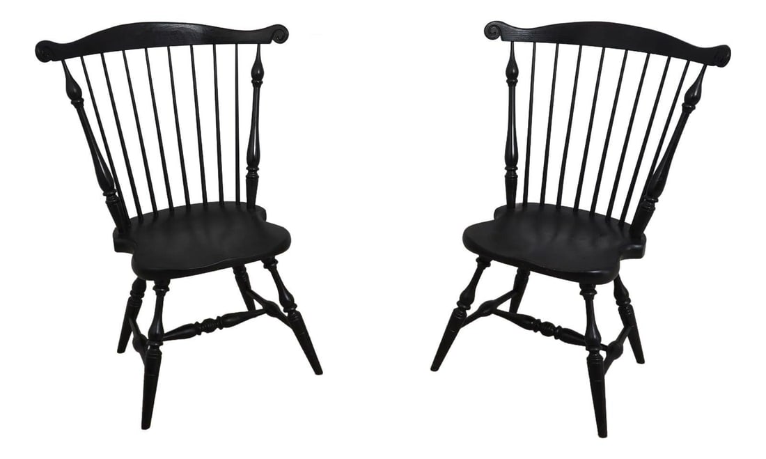 Vintage Pair of Black Painted Windsor Armchairs with Fan Backs: Vintage Pair of Black Painted Windsor Armchairs with Fan Backs This pair of black painted Comb Back Windsor armchairs showcases a classic primitive Windsor style with a wide fan back design. Crafted f