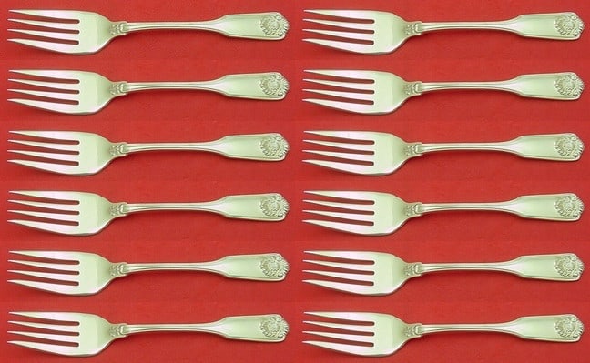 Frank Smith Fiddle Shell Sterling Silver Salad Fork Set 12 pcs: Frank Smith Fiddle Shell Sterling Silver Salad Fork Set 12 pcs This exquisite 12-piece set of salad forks features the elegant Fiddle Shell pattern by renowned maker Frank Smith. Each fork measures 6