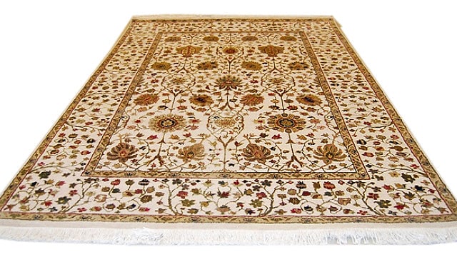 Handcrafted 8 x 8.1 Ivory Silk Wool Indian Area Rug: Handcrafted 8 x 8.1 Ivory Silk Wool Indian Area Rug Free continental US Shipping Transform your space with this exquisite 8 x 8.1 Ivory 14/14 Quality Silk & Wool Indian Rug. This handmade masterpiece