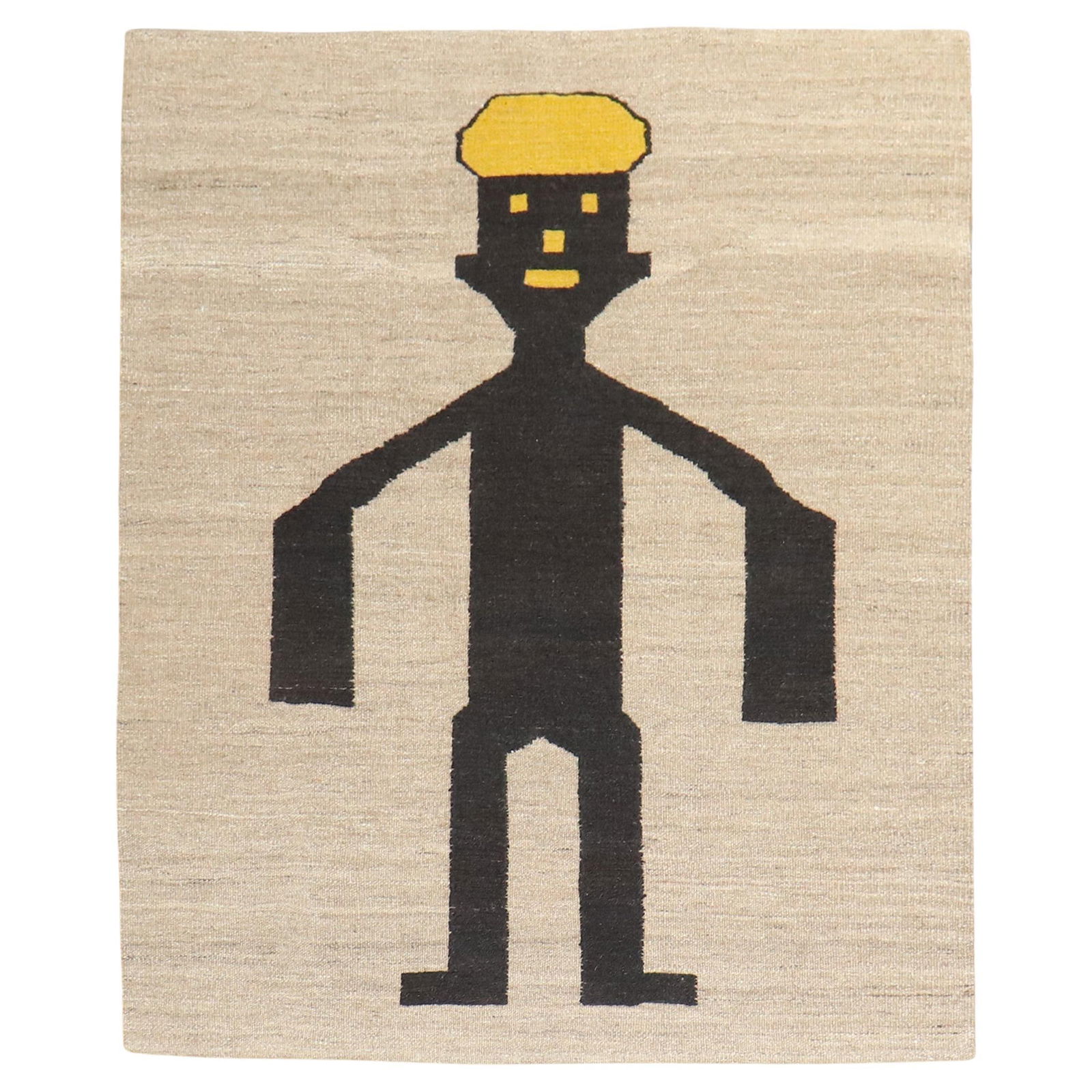 Scandinavian Modern Wool Kilim Wall Hanging 45 x 51 Inches: Scandinavian Modern Wool Kilim Wall Hanging 45 x 51 Inches This stunning Pictorial Persian Kilim Wall Hanging features a whimsical design of a cheerful man riding a camel, making it a unique addition