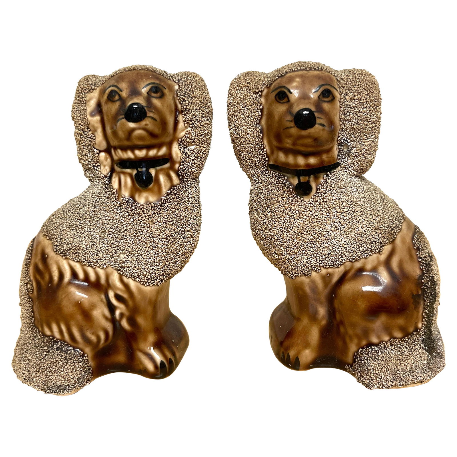 Set of 2 Bennington Style Rockingham Glazed Seated Poodle Figures: Set of 2 Bennington Style Rockingham Glazed Seated Poodle Figures This charming pair of diminutive Bennington Style Rockingham-glazed figures features beautifully modeled seated poodles that embody th