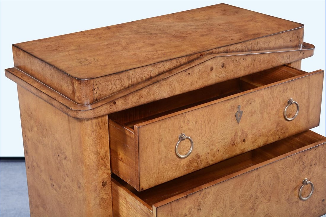 Elegant Bentley Burled Wood Nightstand 33H 38W 19D: Elegant Bentley Burled Wood Nightstand 33H 38W 19D Enhance your bedroom with the sophisticated Bentley Burled Nightstand, a perfect blend of elegance and functionality. This stunning piece features a