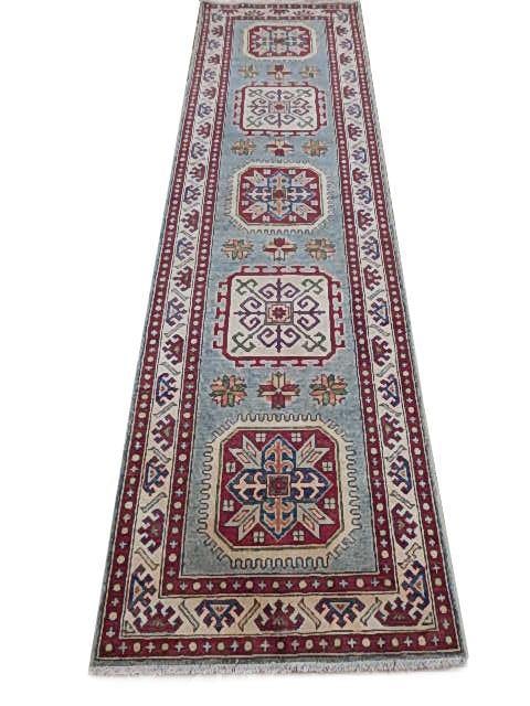 2.8 x 9.9 Handcrafted Gray Kazak Rug with Geometric Patterns: 2.8 x 9.9 Handcrafted Gray Kazak Rug with Geometric Patterns Free continental US Shipping Transform your space with this exquisite Blue Gray Geometric Kazak Rug, measuring 2' 8" x 9' 9". This stunning