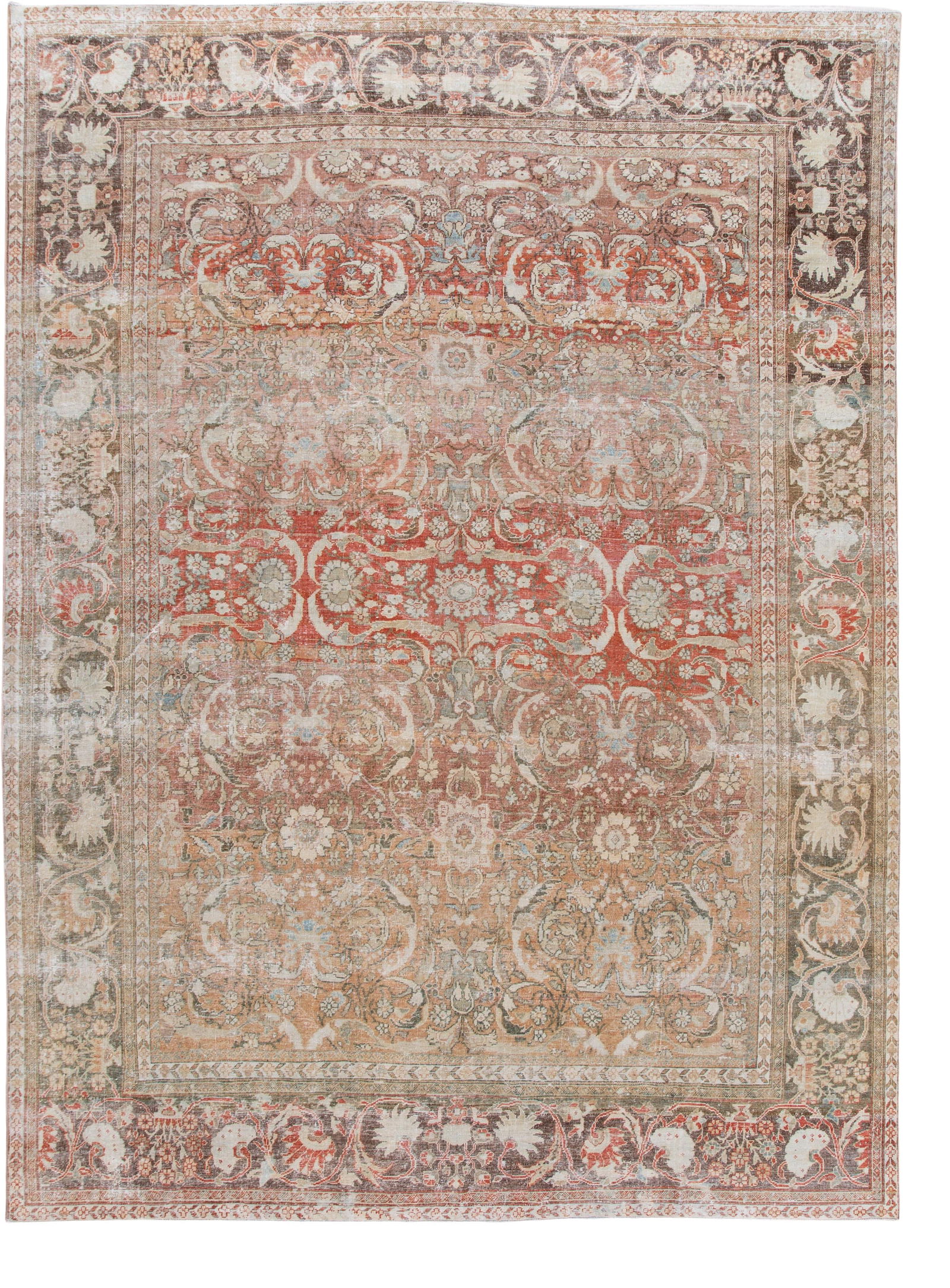 Antique Mahal Hand-Knotted Wool Rug 10'1 x 13'9 Red Shabby Chic: Antique Mahal Hand-Knotted Wool Rug 10'1 x 13'9 Red Shabby Chic Discover the charm of this beautiful Antique Mahal hand-knotted wool rug featuring a vibrant red field. The rug is elegantly framed in b